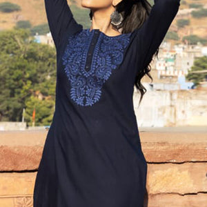 Blue Embroidered Cotton Silk Kurti