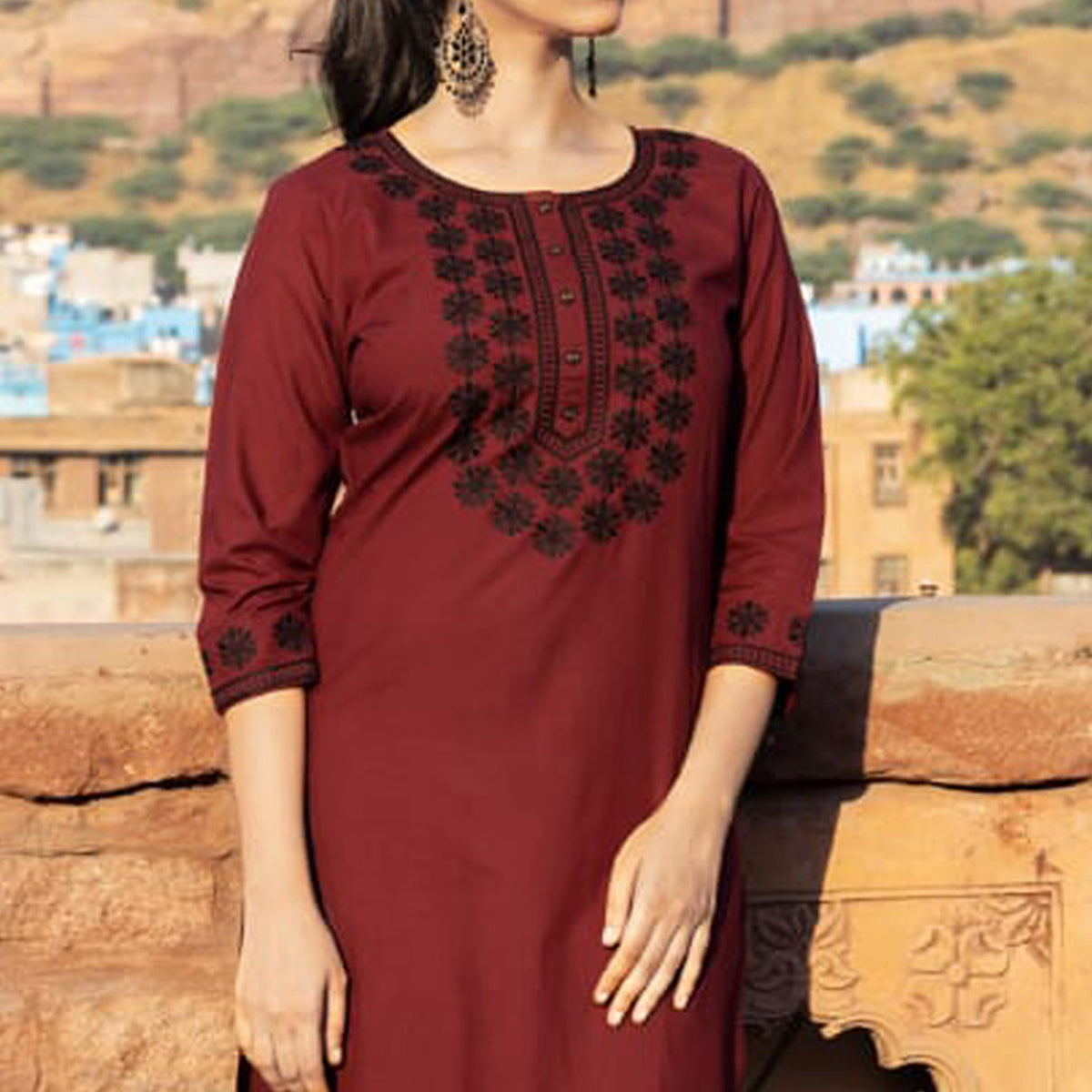 Maroon Embroidered Cotton Silk Kurti