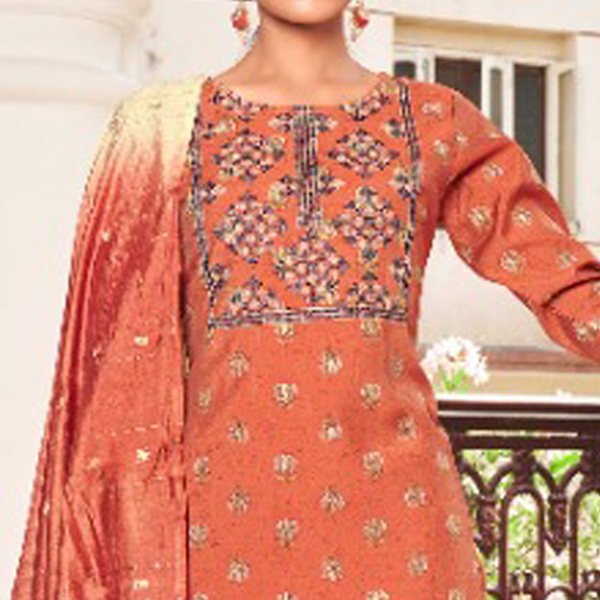 Orange Floral Printed Pure Cotton Salwar suit