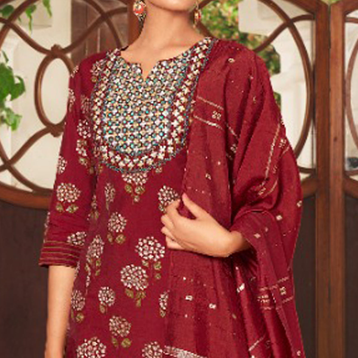 Maroon Floral Printed Pure Cotton Salwar suit