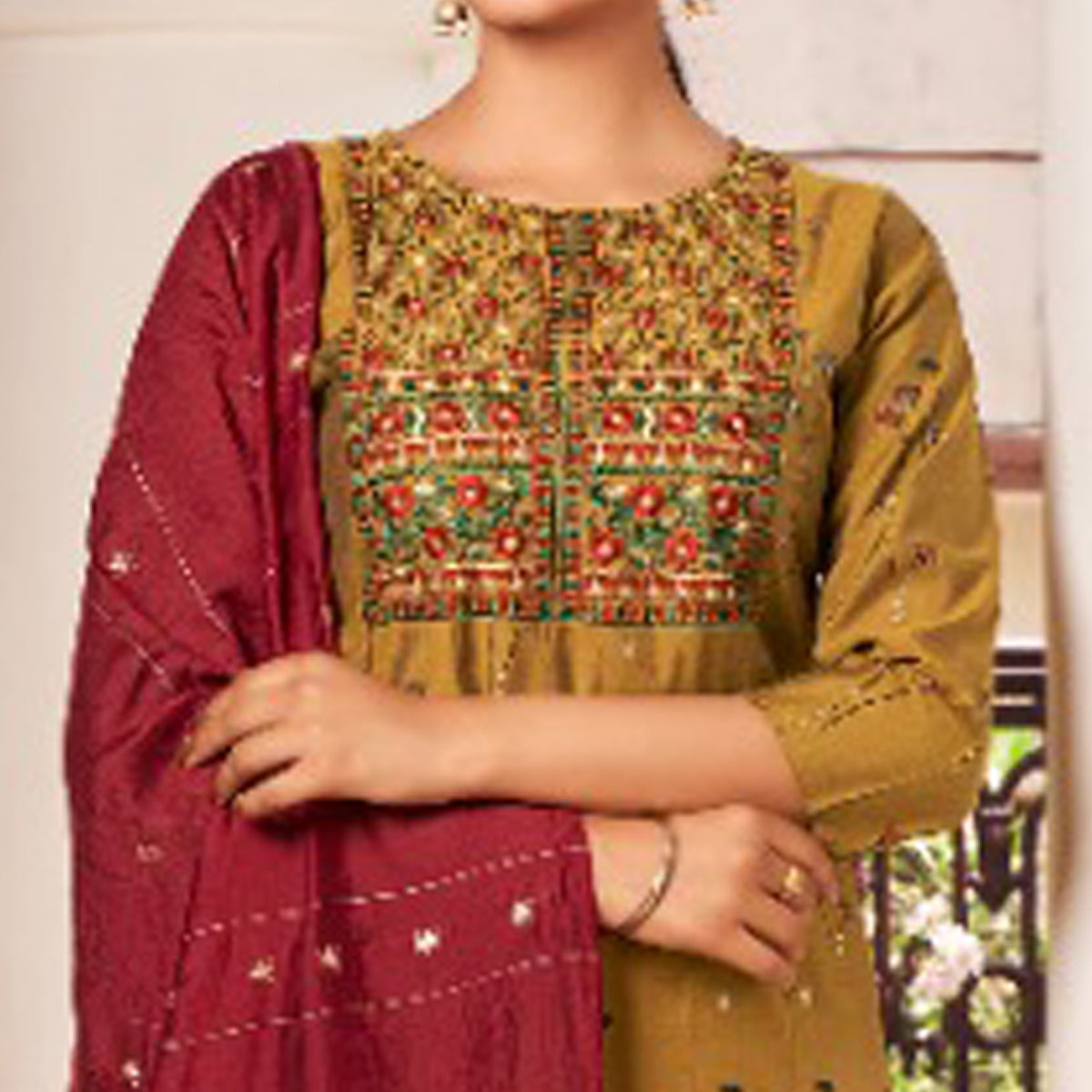 Olive Green Floral Printed Pure Cotton Salwar suit