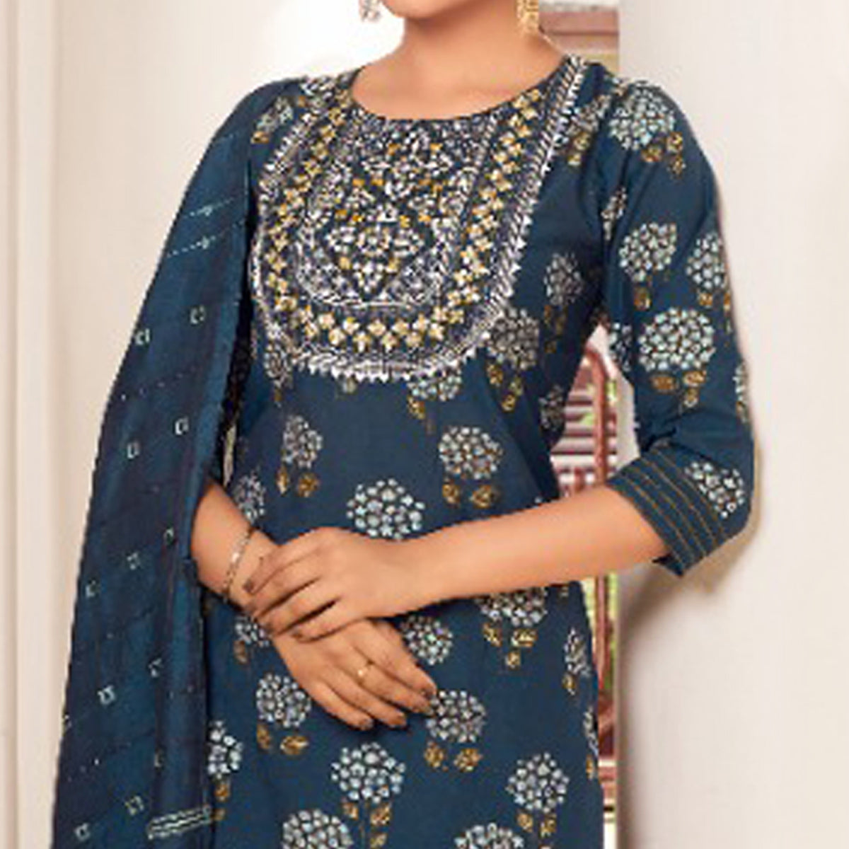 Blue Floral Printed Pure Cotton Salwar suit