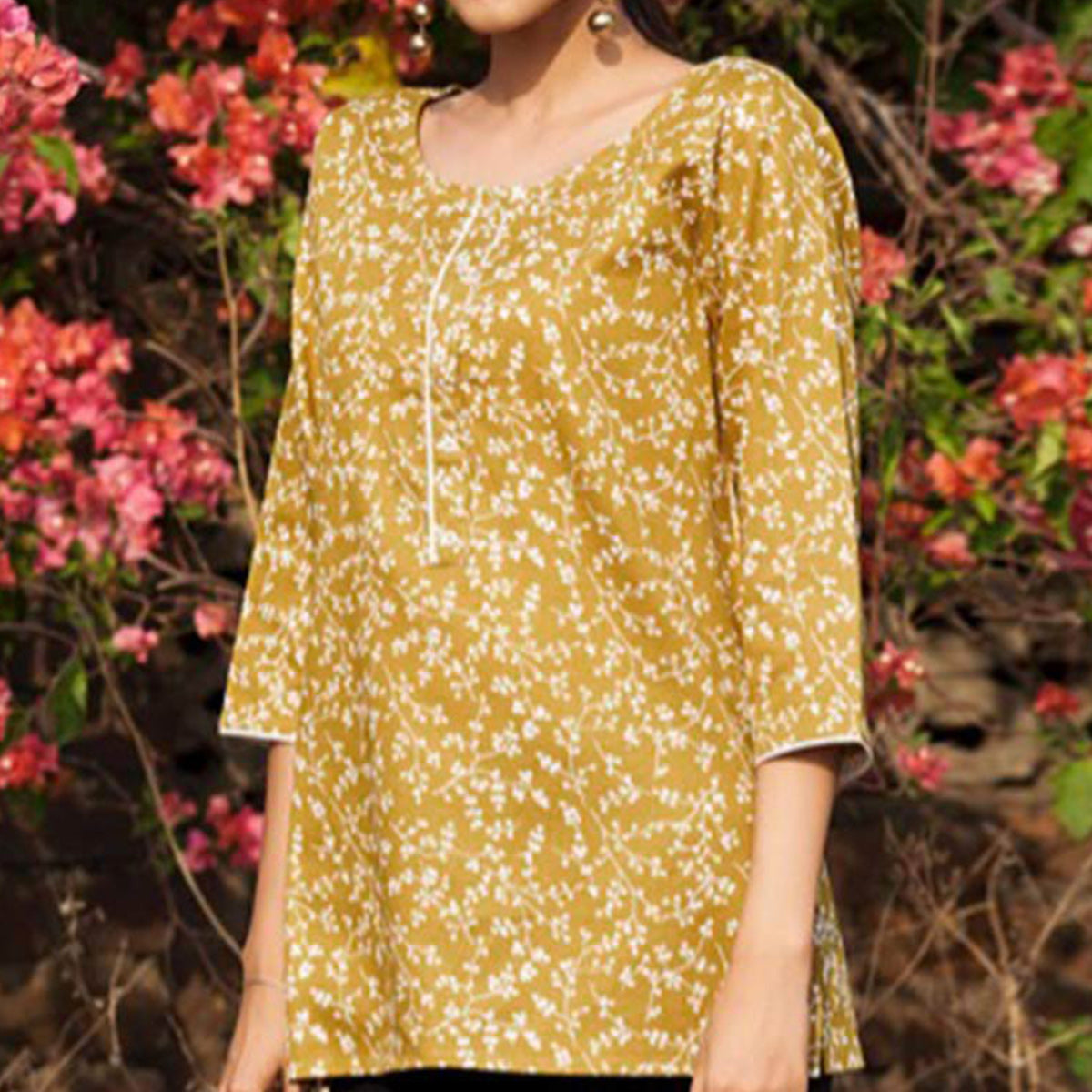 Mustard Floral Printed Cotton Blend Top