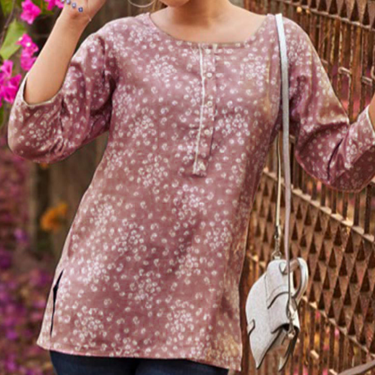 Pink Floral Printed Cotton Blend Top