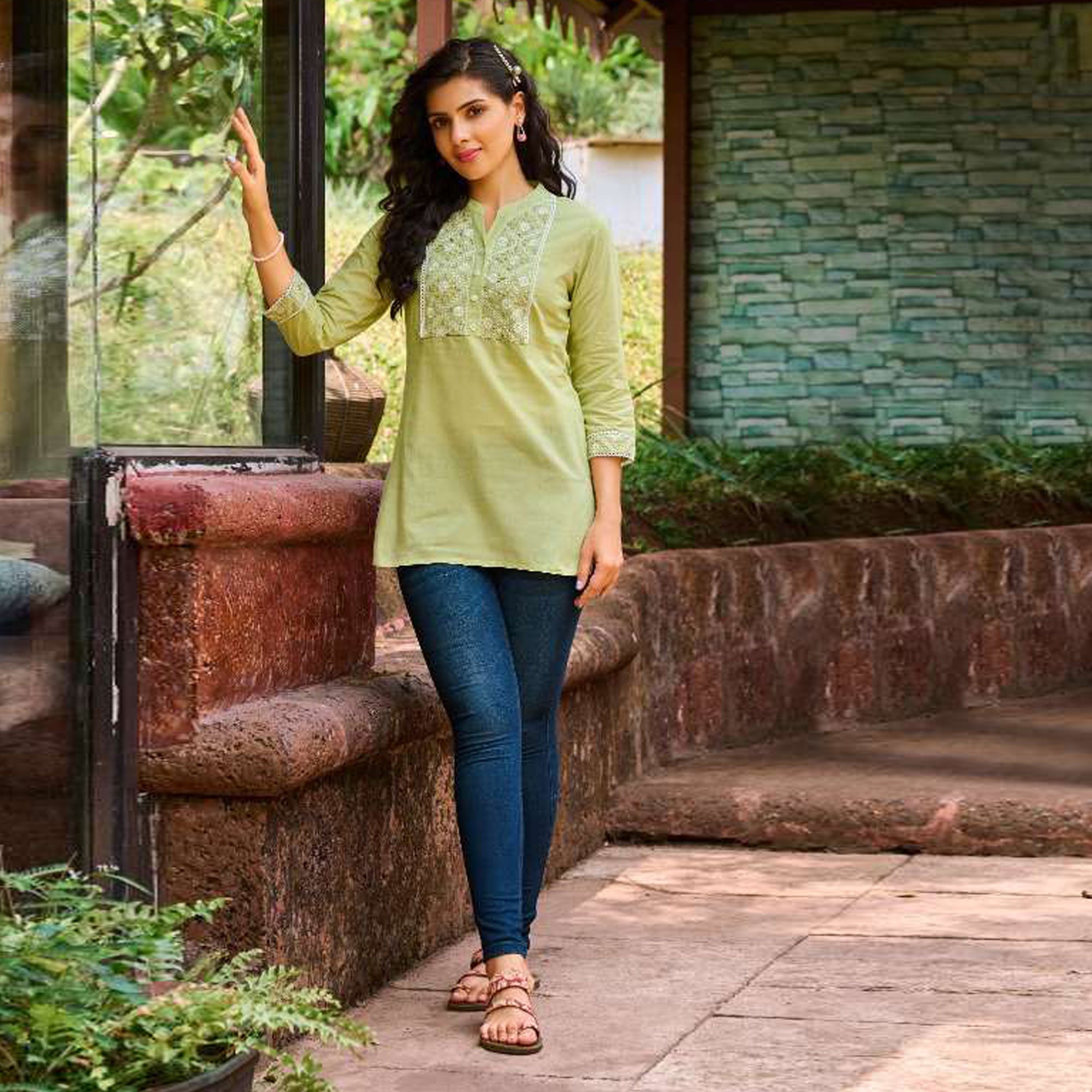 Pista Green Embroidered Pure Cotton Top