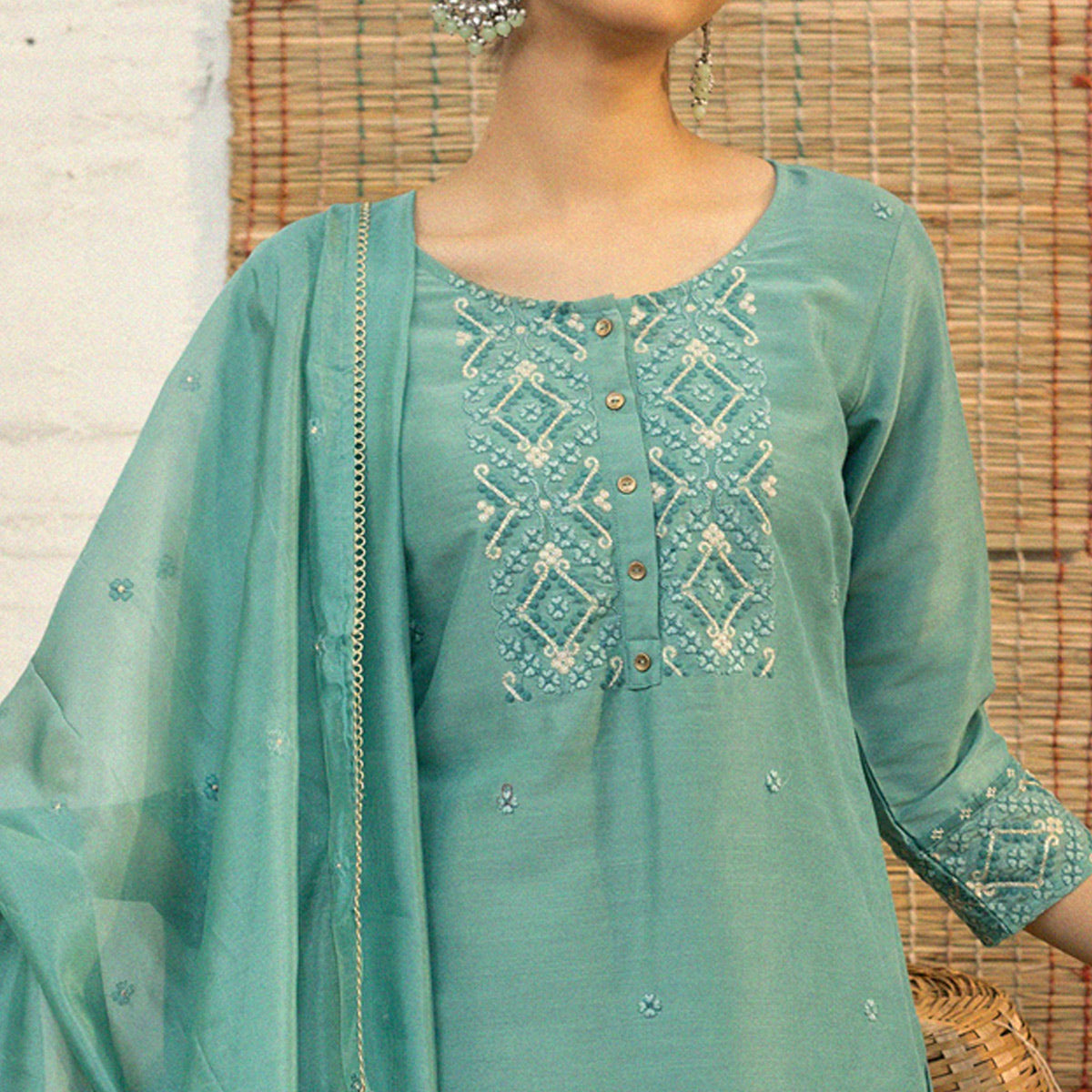 Turquoise Floral Embroidered Chanderi Salwar Suit