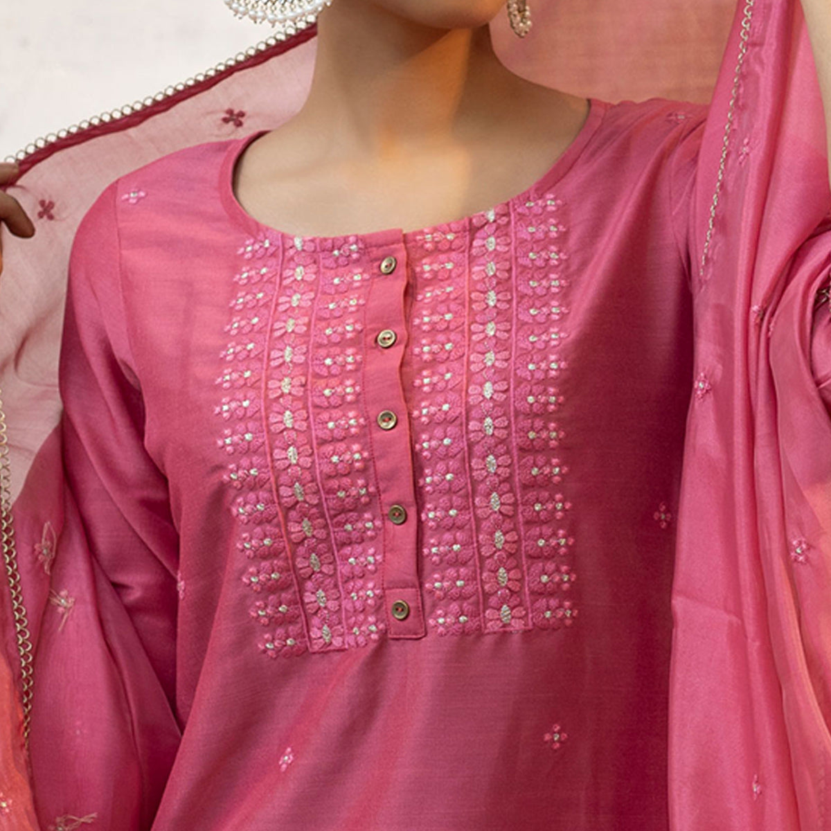 Pink Floral Embroidered Chanderi Salwar Suit