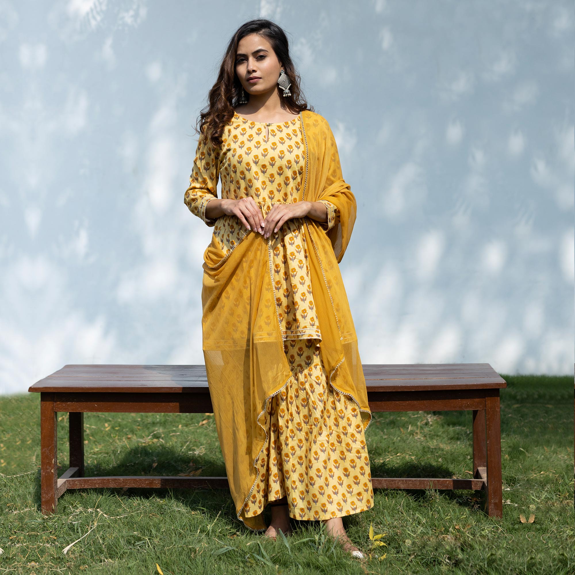 Mustard Printed Pure Cotton Sharara Suit
