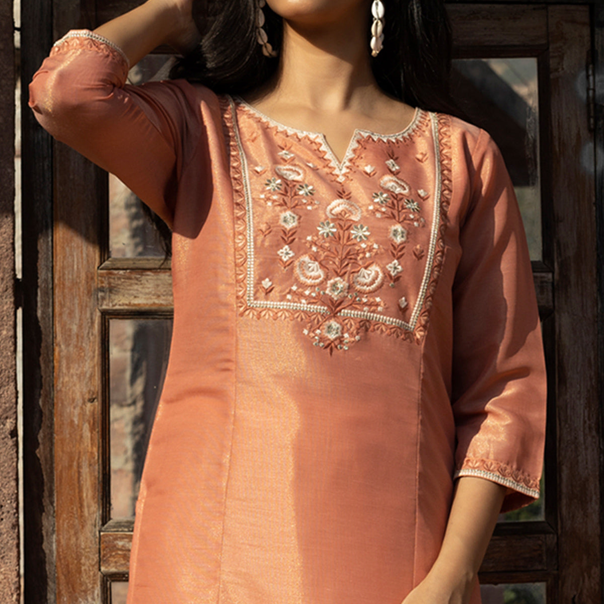 Peach Embroidered Cotton Silk Kurti