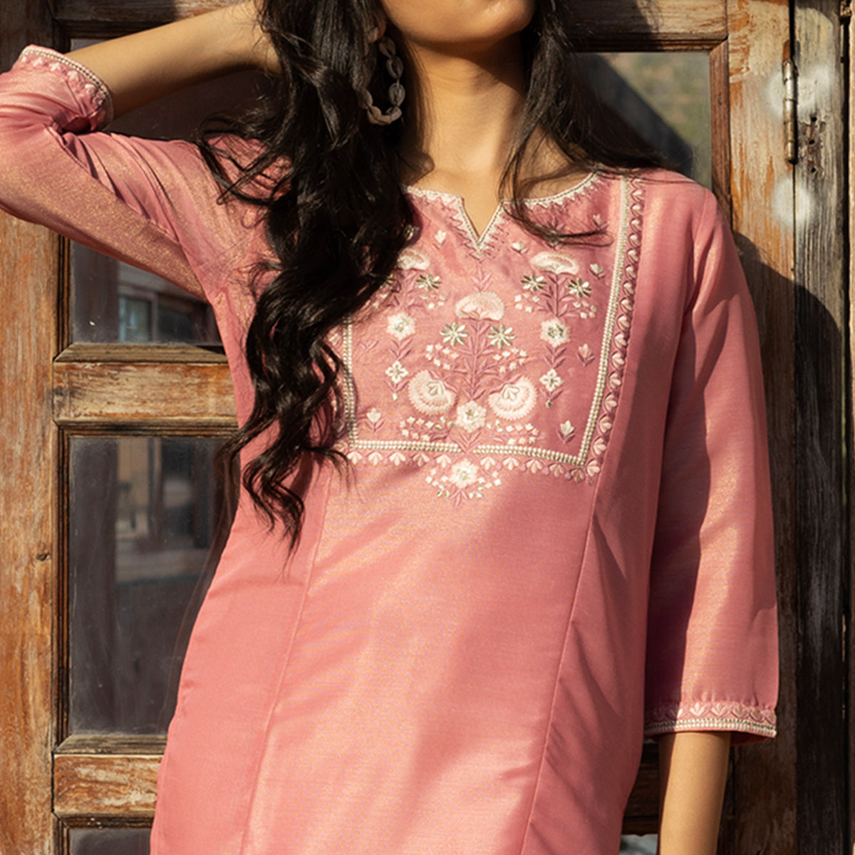 Pink Embroidered Cotton Silk Kurti