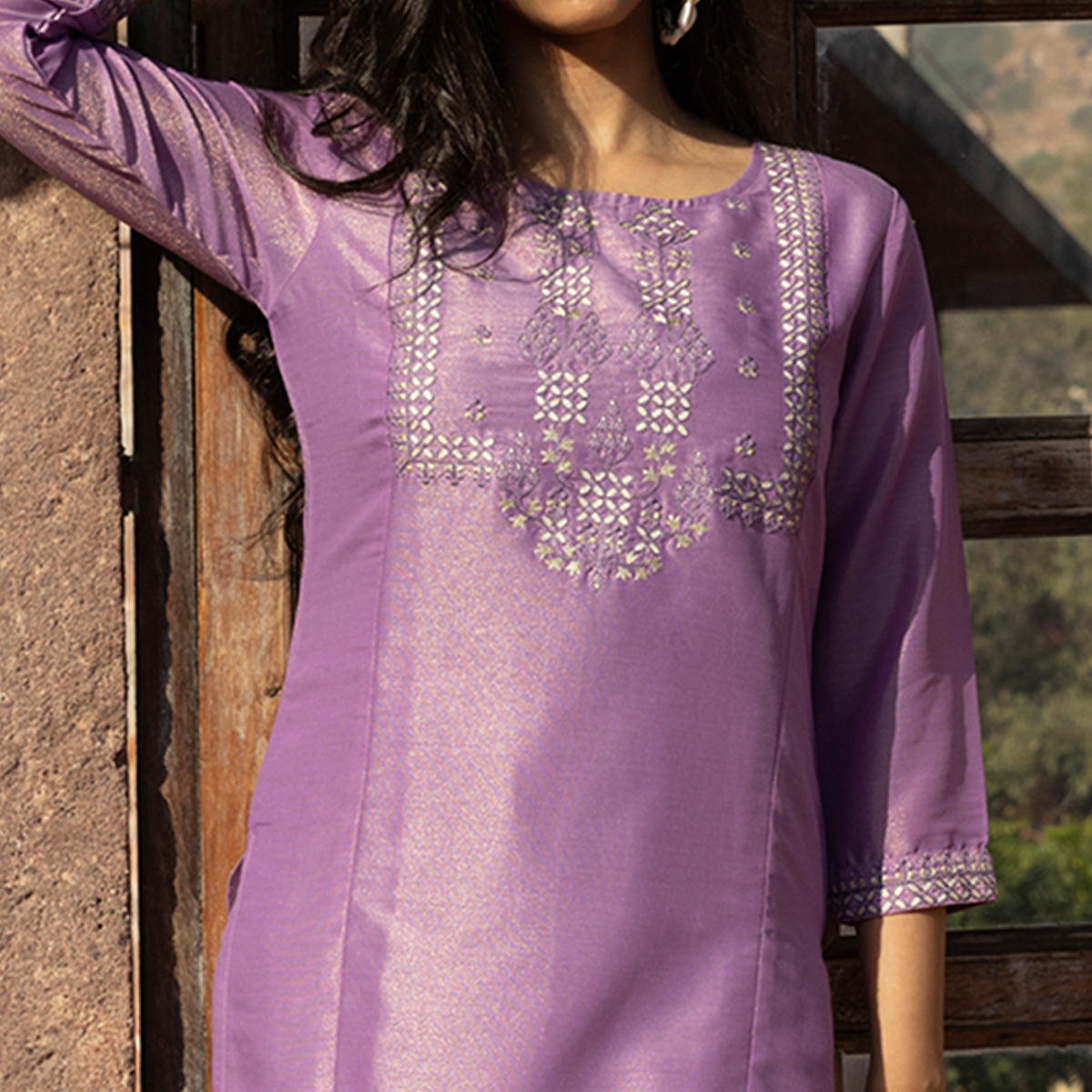 Purple Embroidered Cotton Silk Kurti