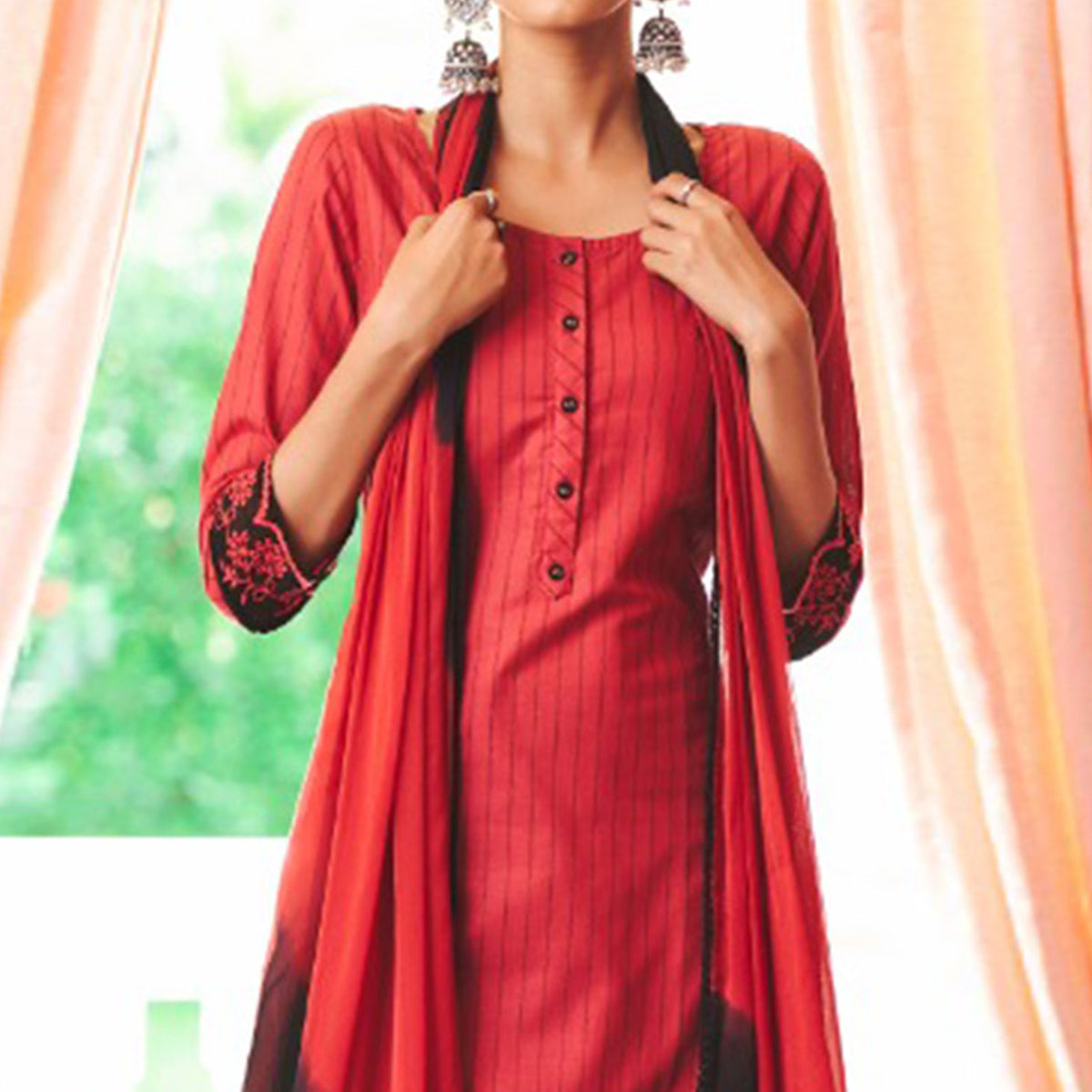 Red Striped Printed Pure Cotton Salwar Suit