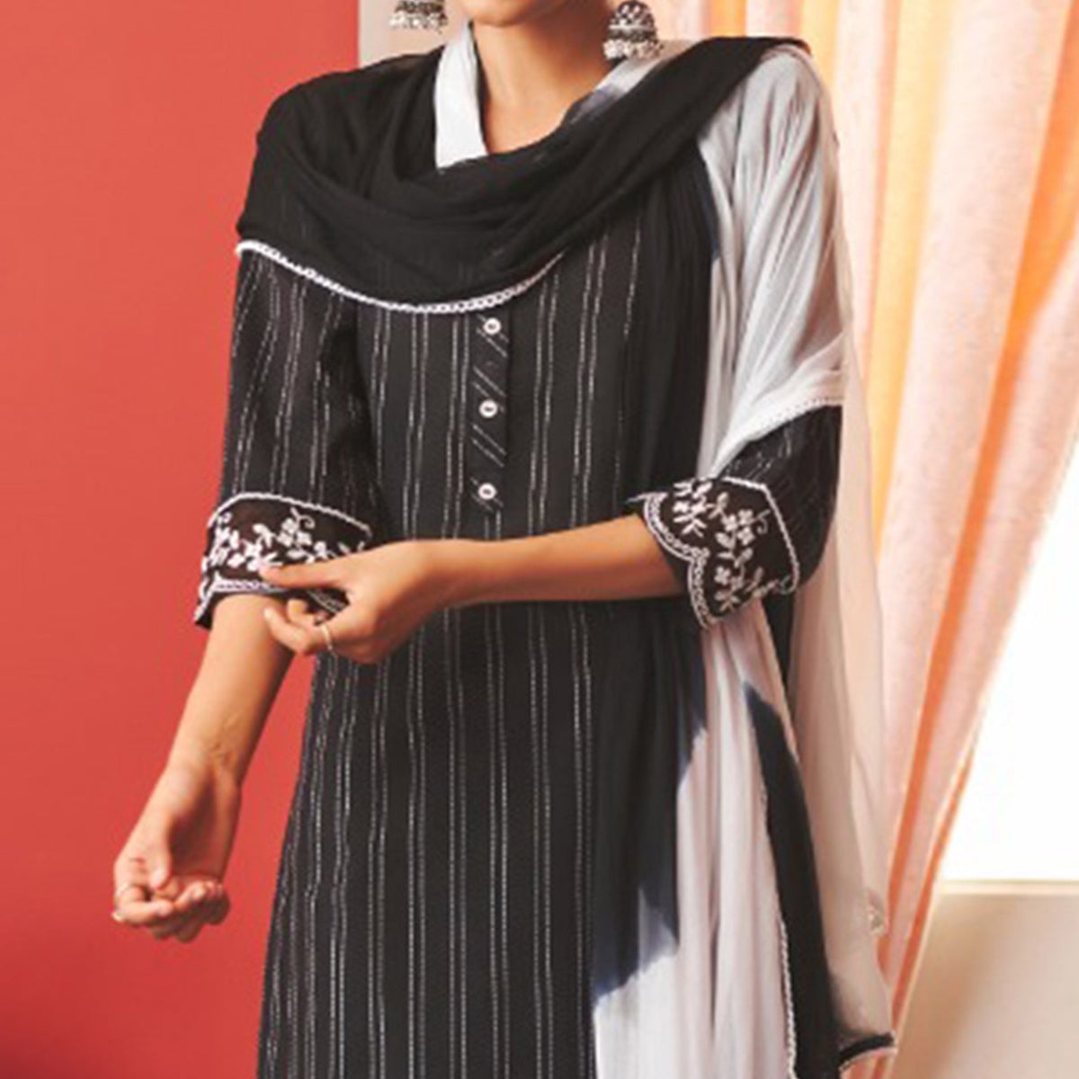 Black Striped Printed Pure Cotton Salwar Suit