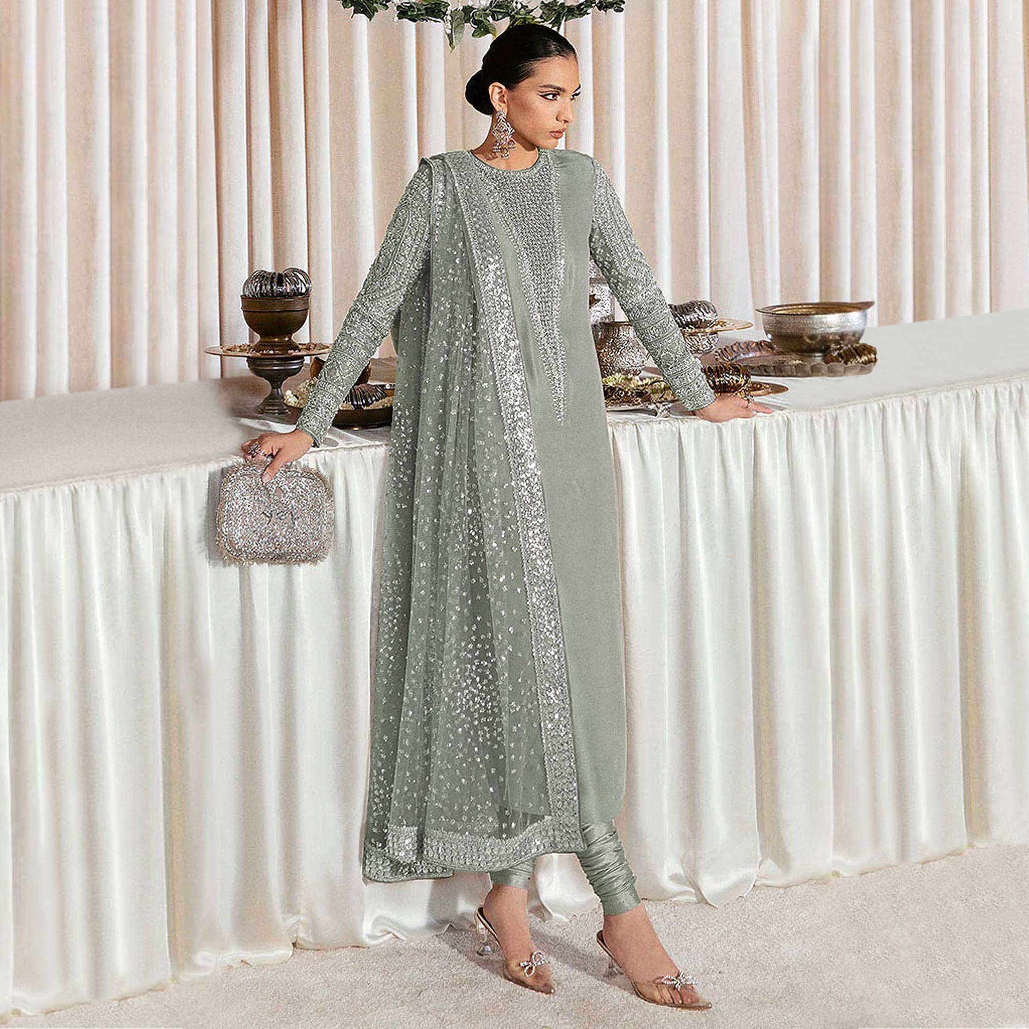 Light Green Sequins Embroidered Georgette Pakistani Suit