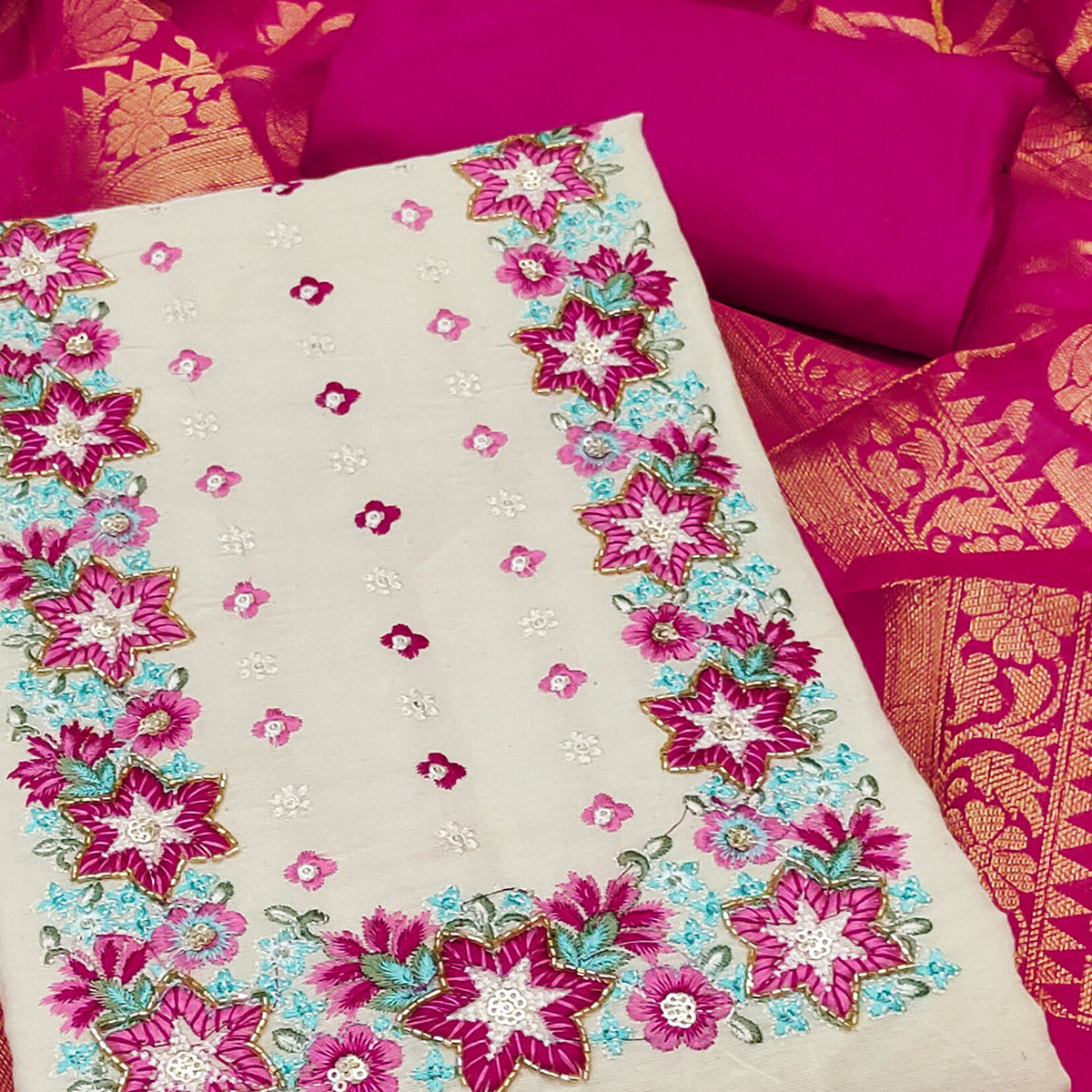 Floral Sequins Embroidered Cream & Pink Pure Cotton Dress Material With Delicate Handwork