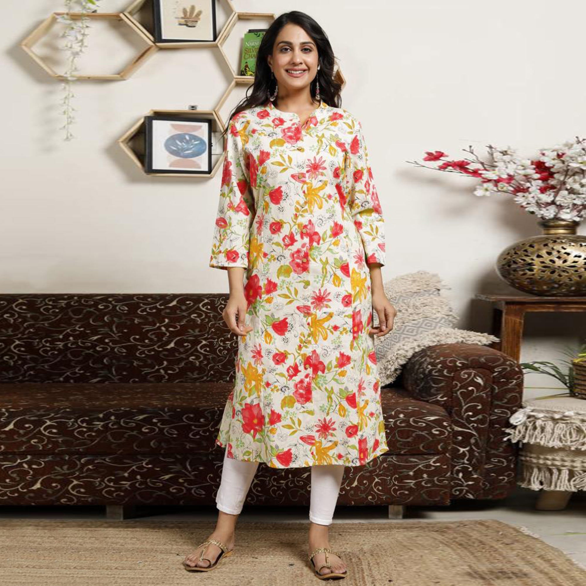 White Pink Floral Printed Cotton Kurti