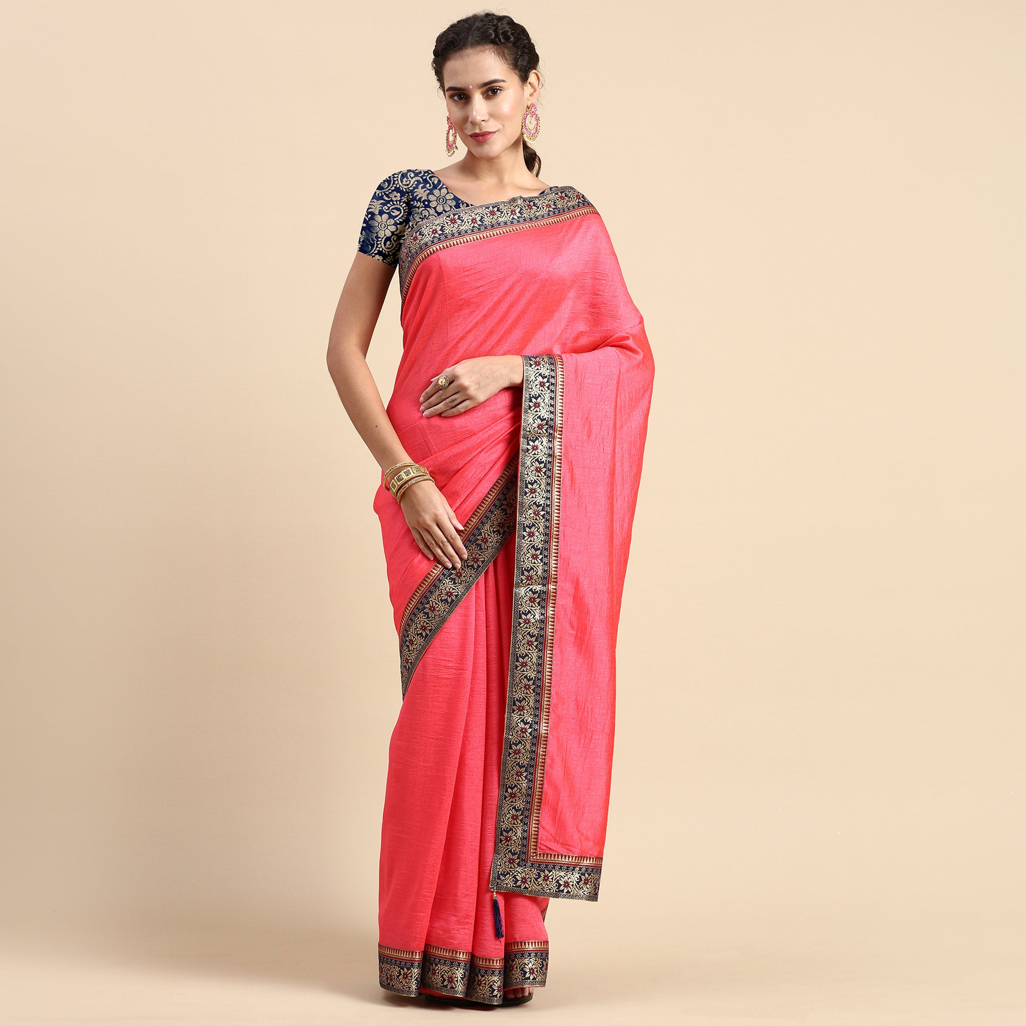 Pink Solid Vichitra Silk Saree With Fancy Border