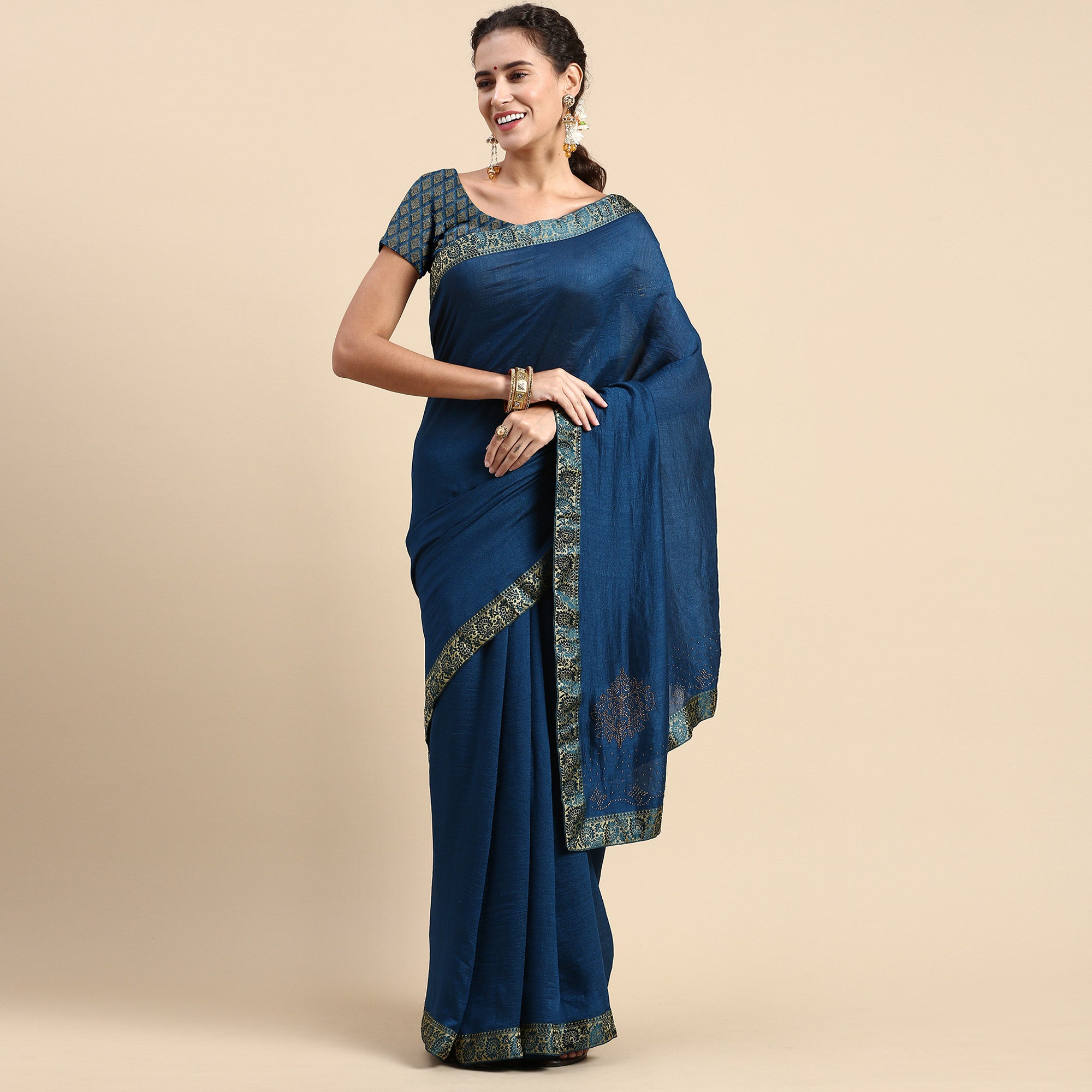 Blue Swaroski Work Vichitra Silk Saree