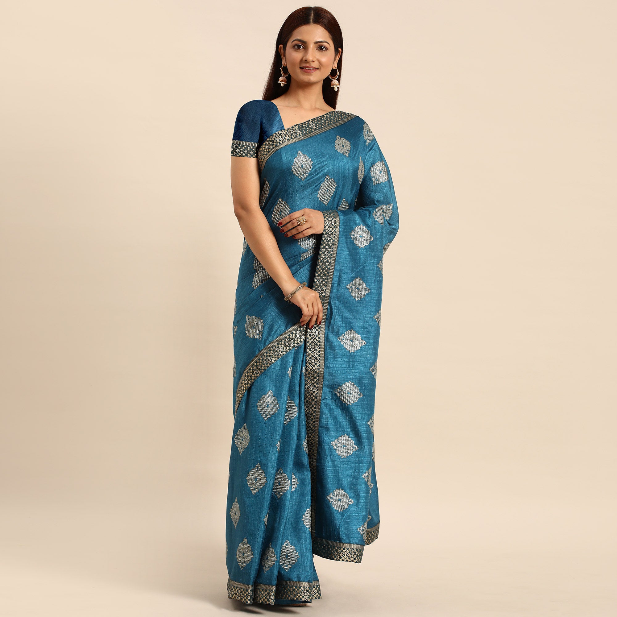 Blue Floral Foil Printed Vichitra Silk Saree