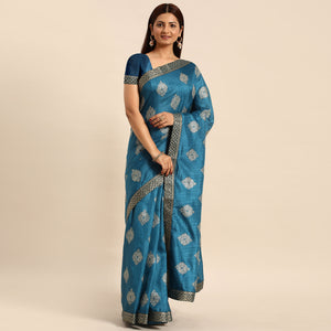 Blue Floral Foil Printed Vichitra Silk Saree
