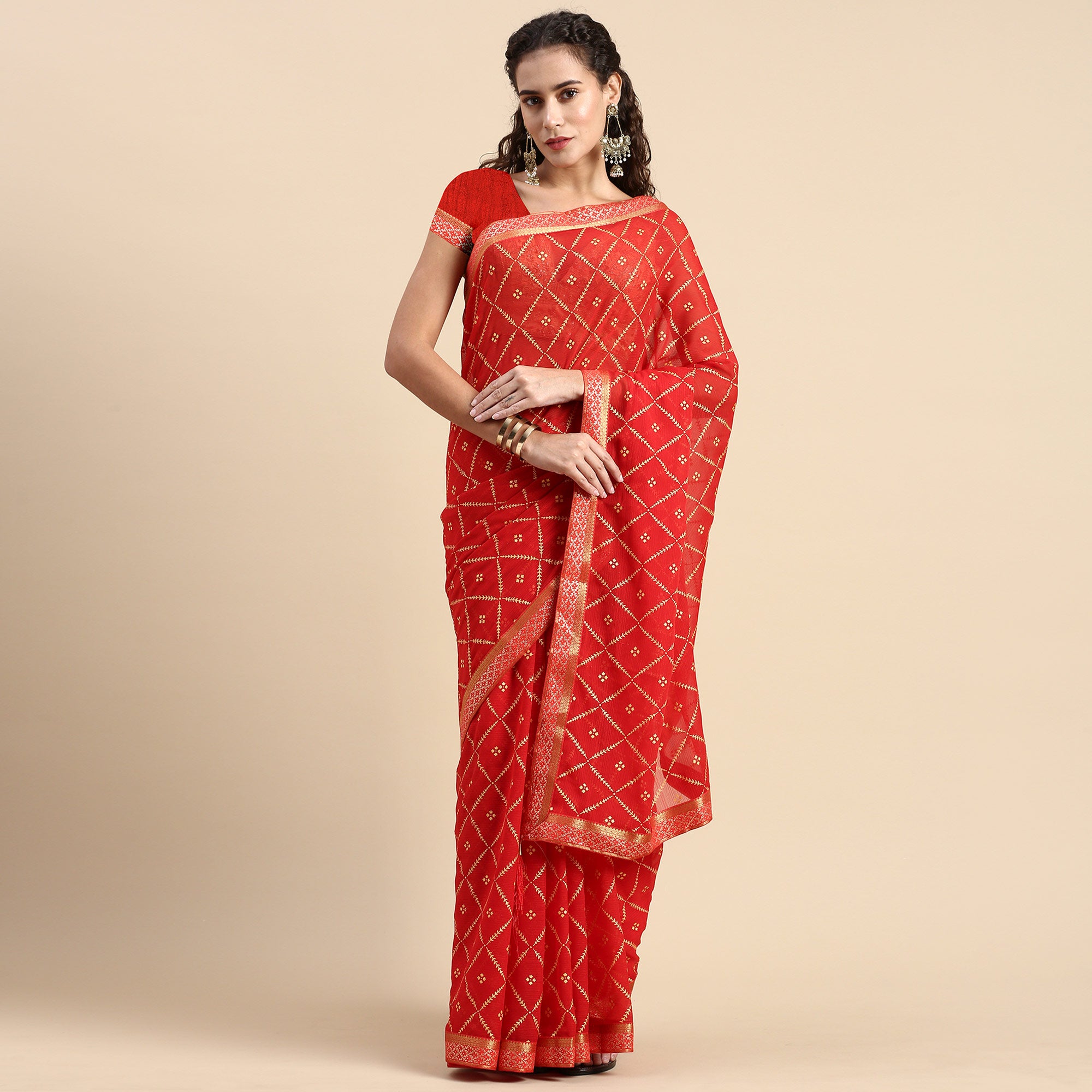 Red Floral Foil Printed Zomato Saree