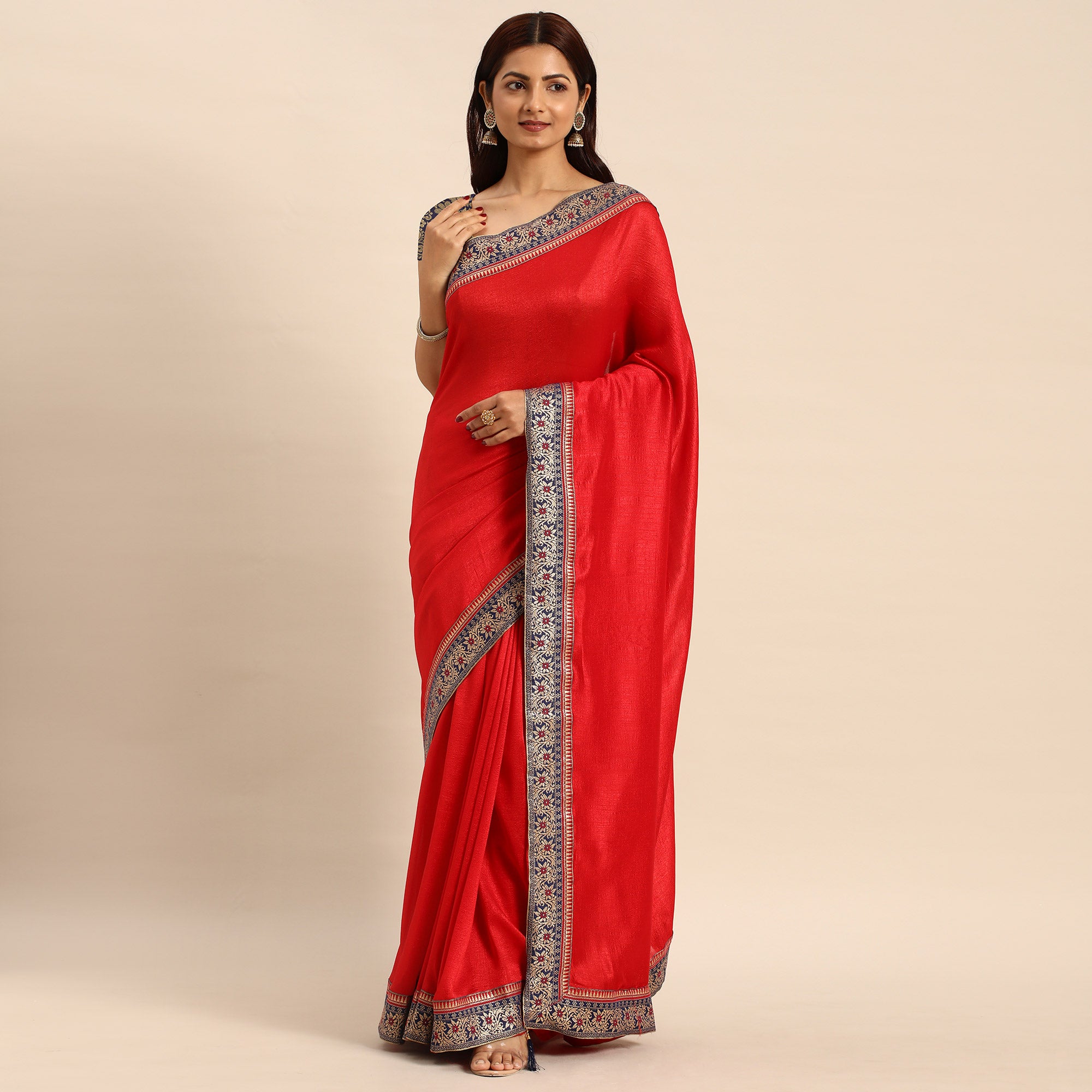 Red Solid Vichitra Silk Saree With Fancy Border