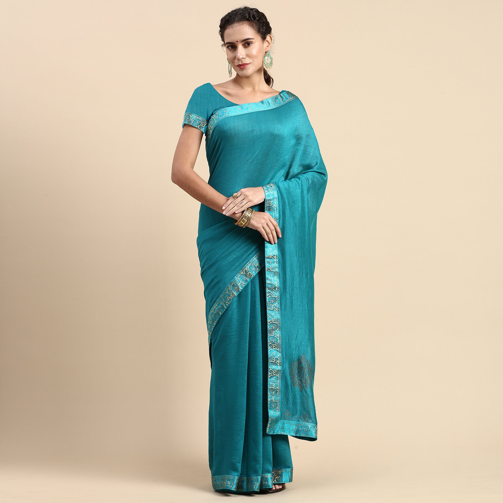 Turquoise Blue Swaroski Work Vichitra Silk Saree