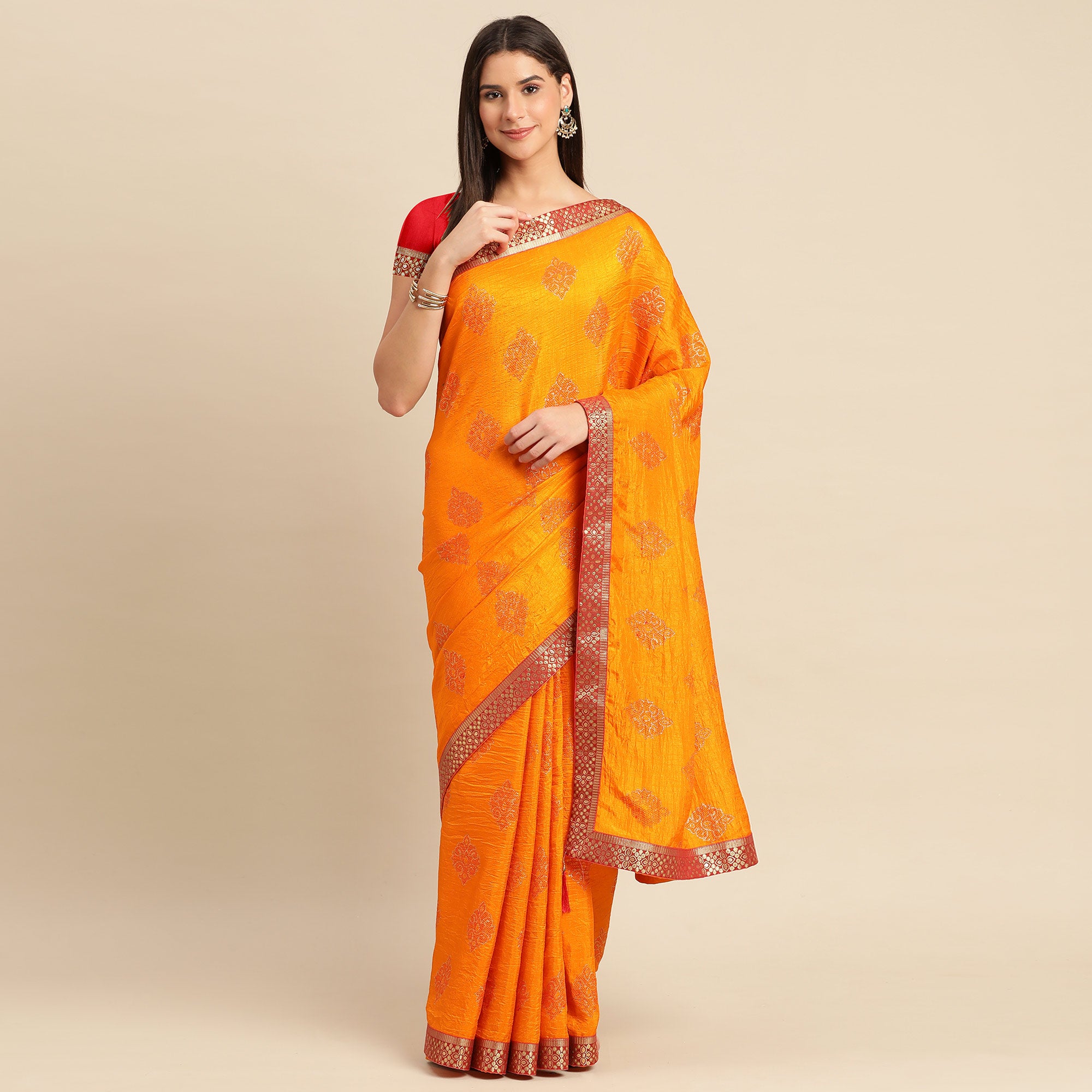Light Orange Floral Foil Printed Vichitra Silk Saree