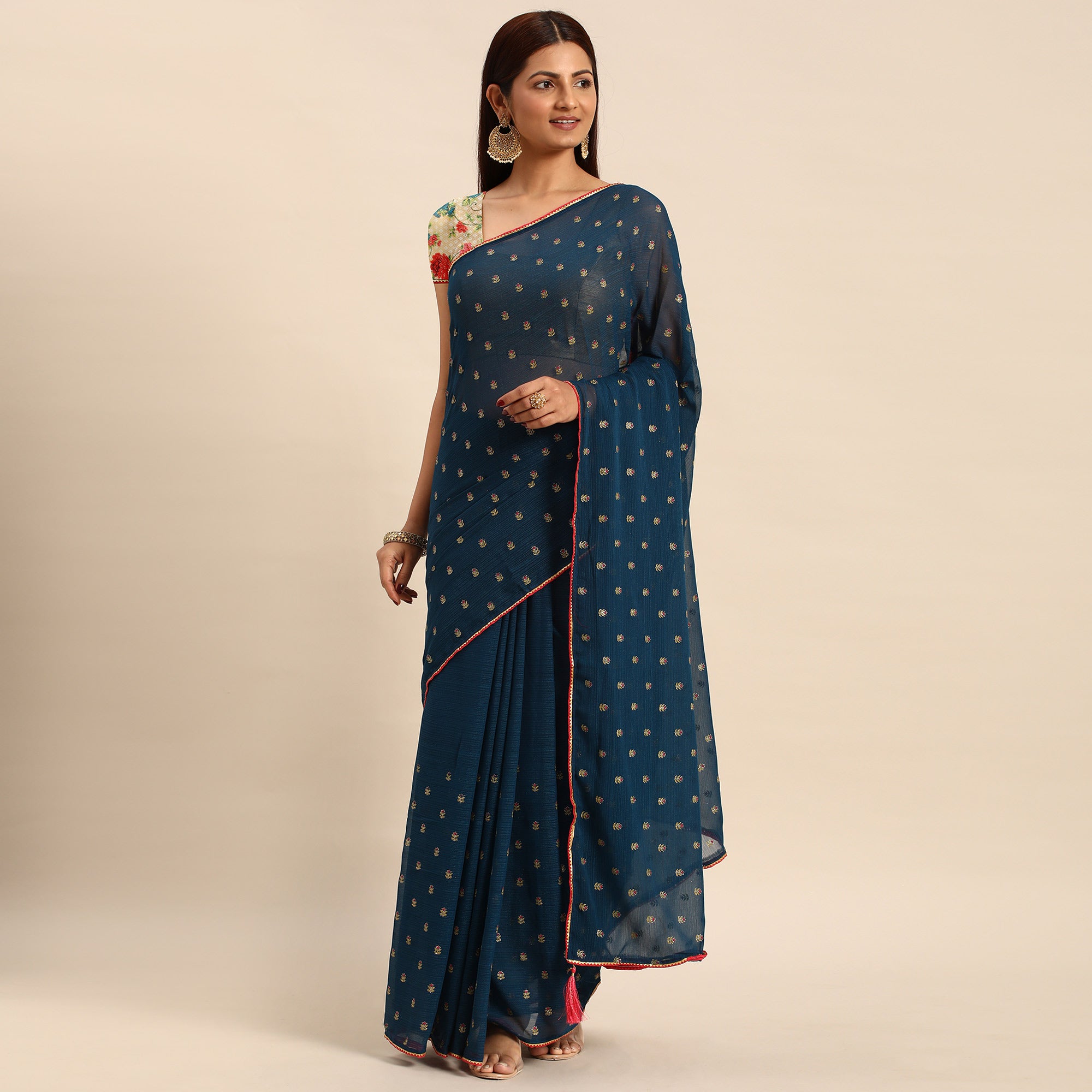 Teal Blue Embroidered Chiffon Saree