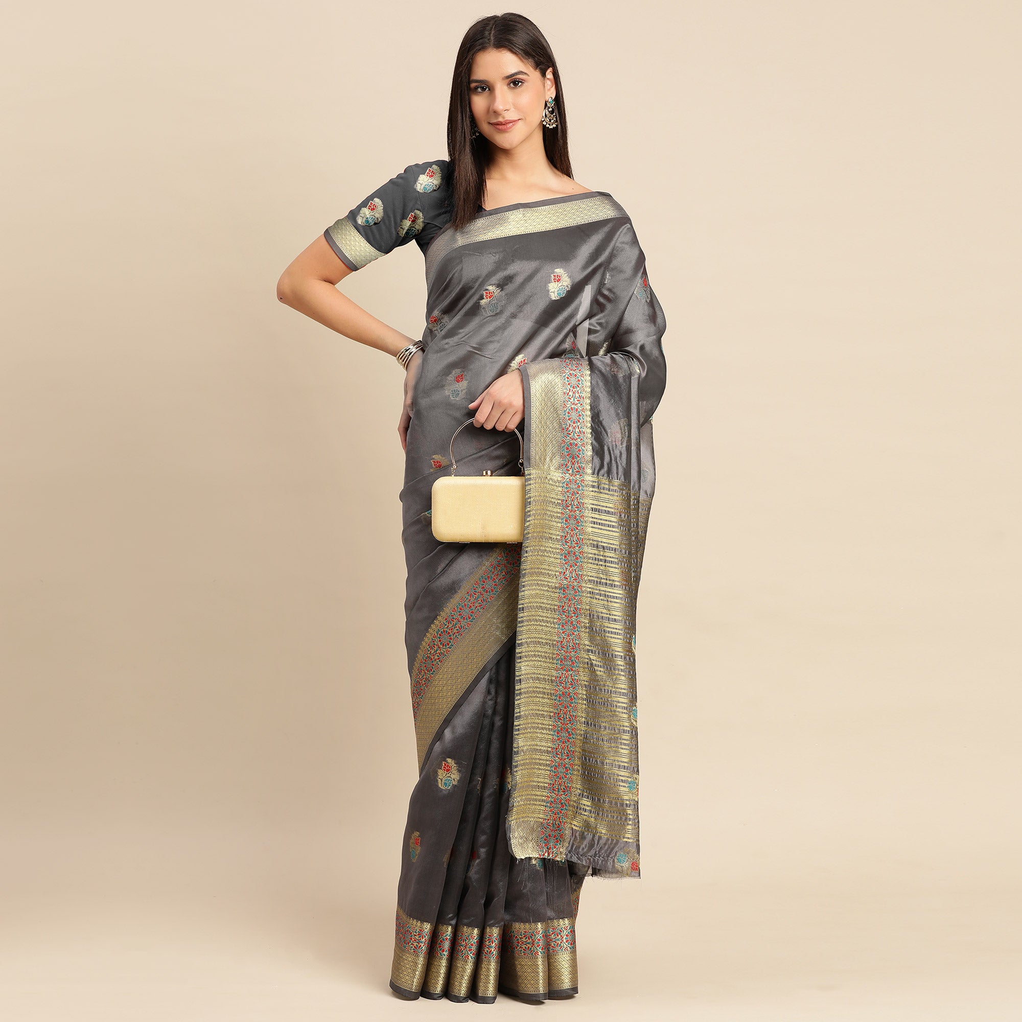 Grey Woven Organza Saree