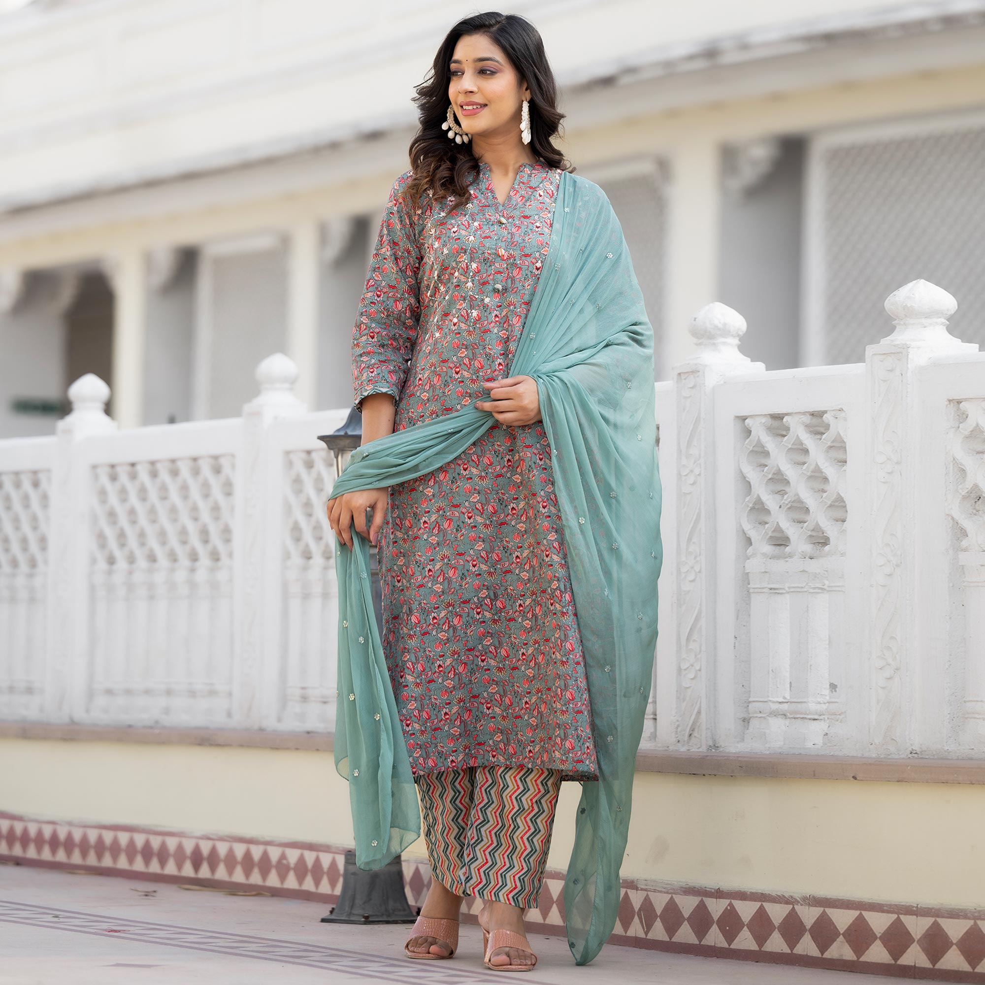Green Floral Printed Pure Cotton Straight Salwar Suit