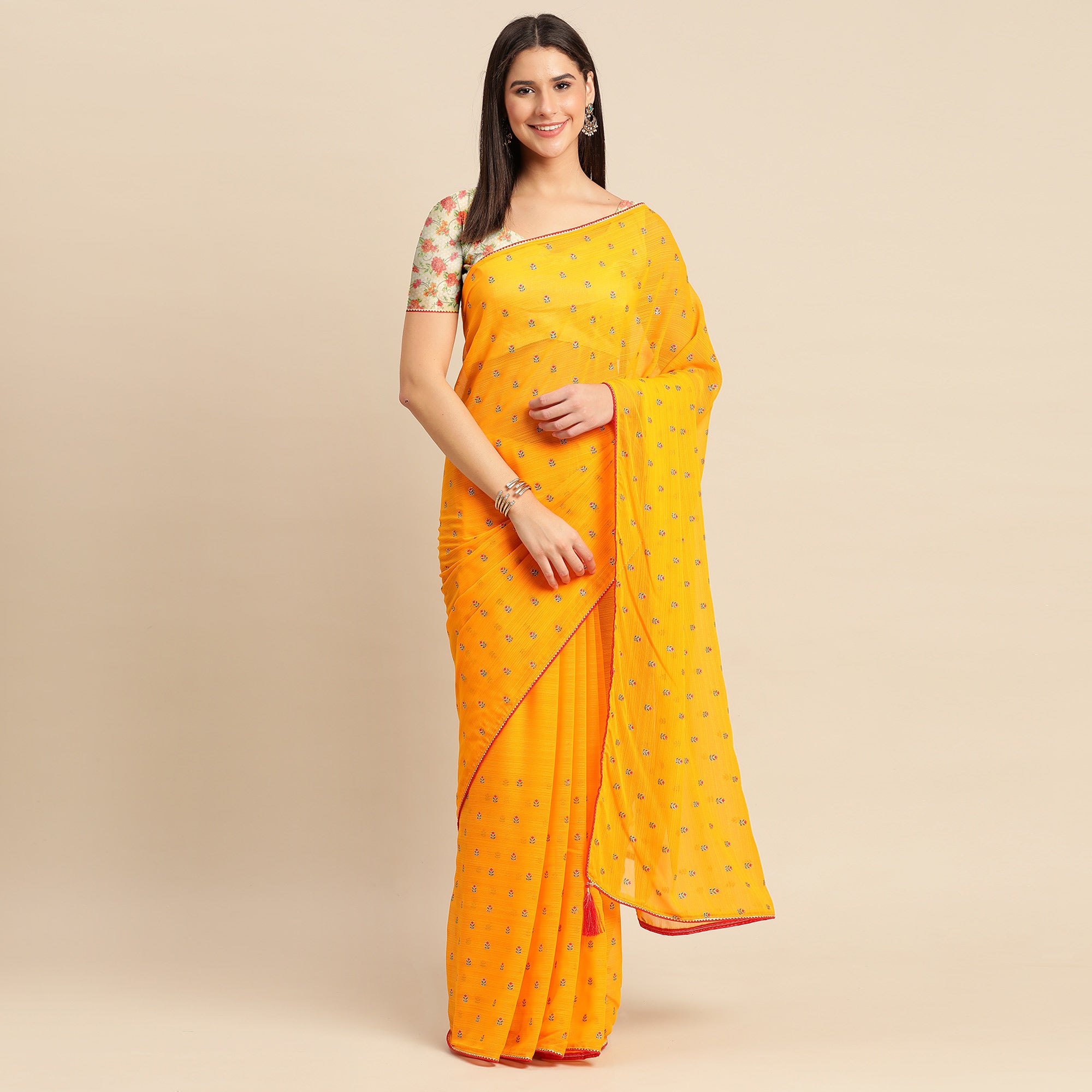 Orange Embroidered Chiffon Saree