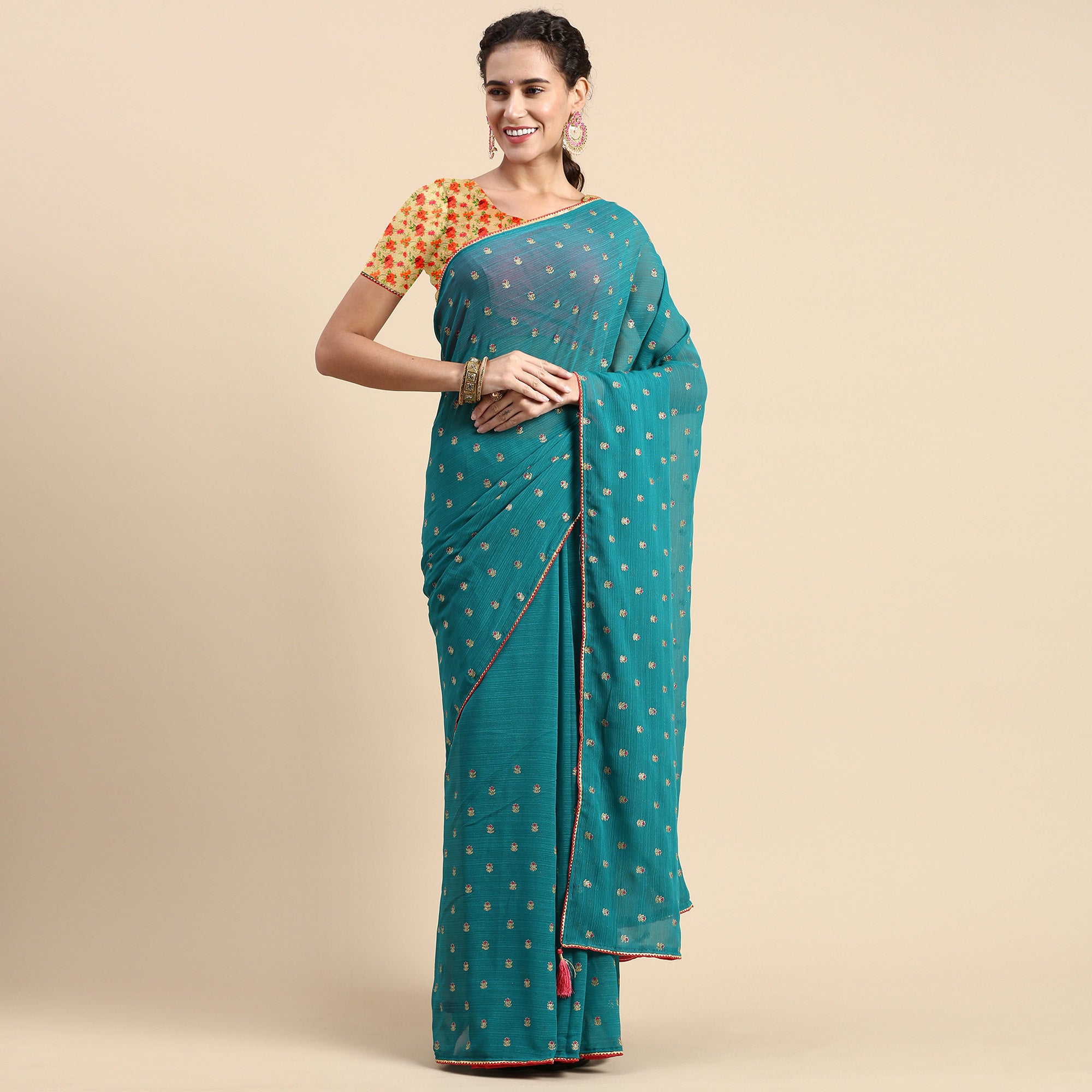 Rama Blue Embroidered Chiffon Saree