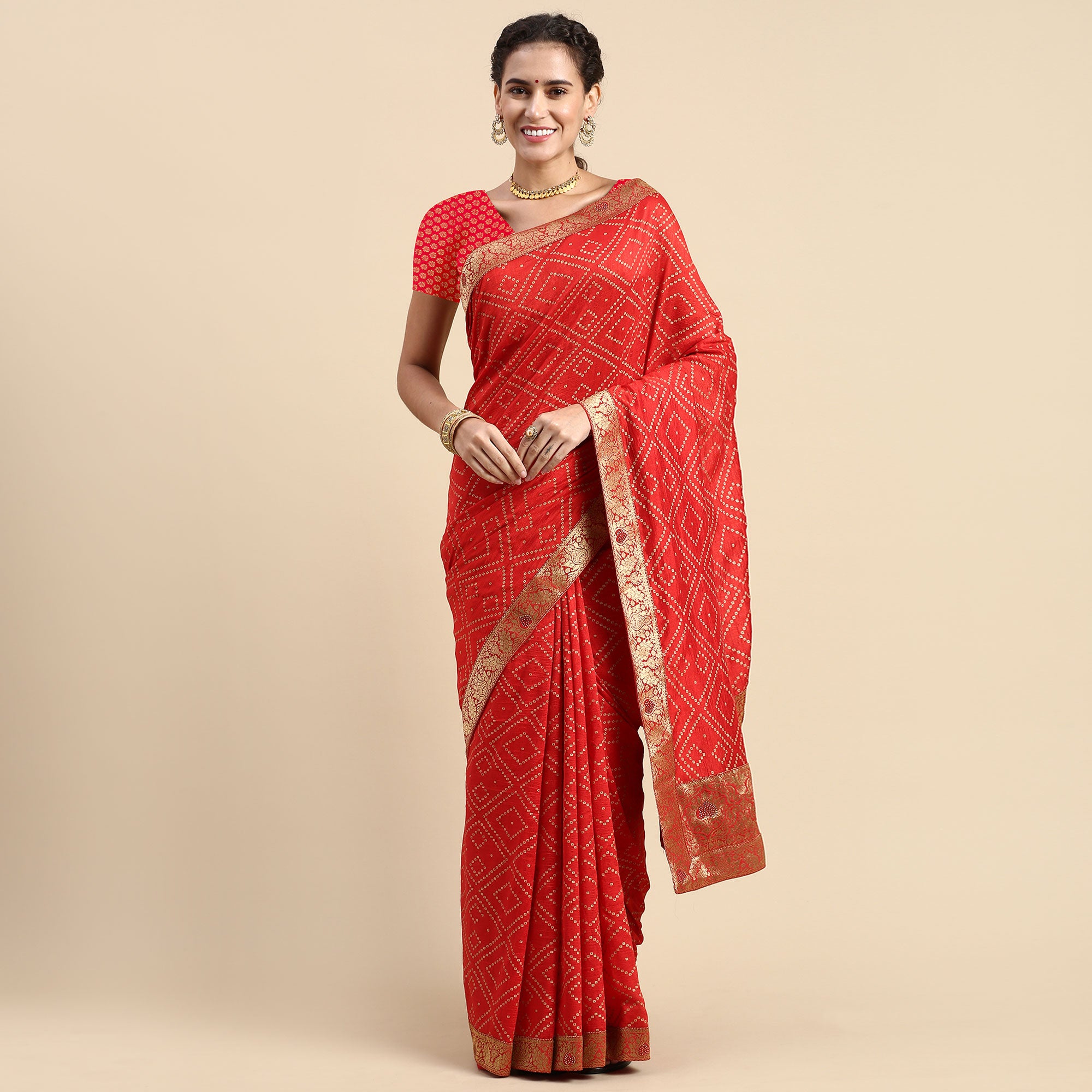 Red Foil Printed With Swarovski Vichitra Silk Saree