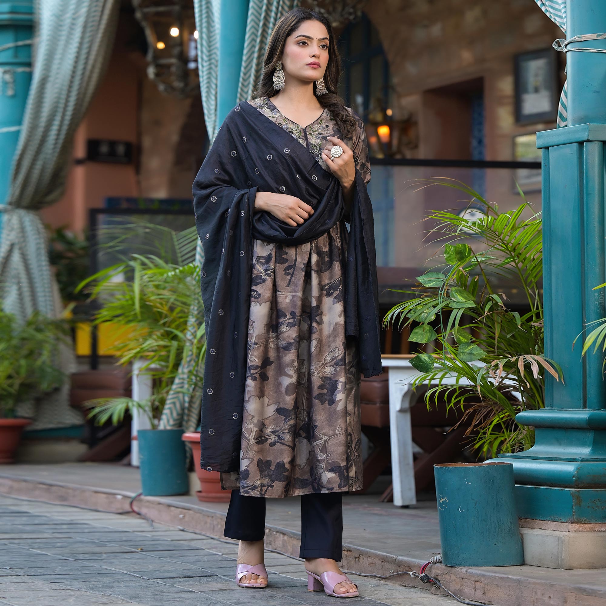 Chikoo & Black Floral Printed Alia Cut Chanderi Silk Salwar Suit