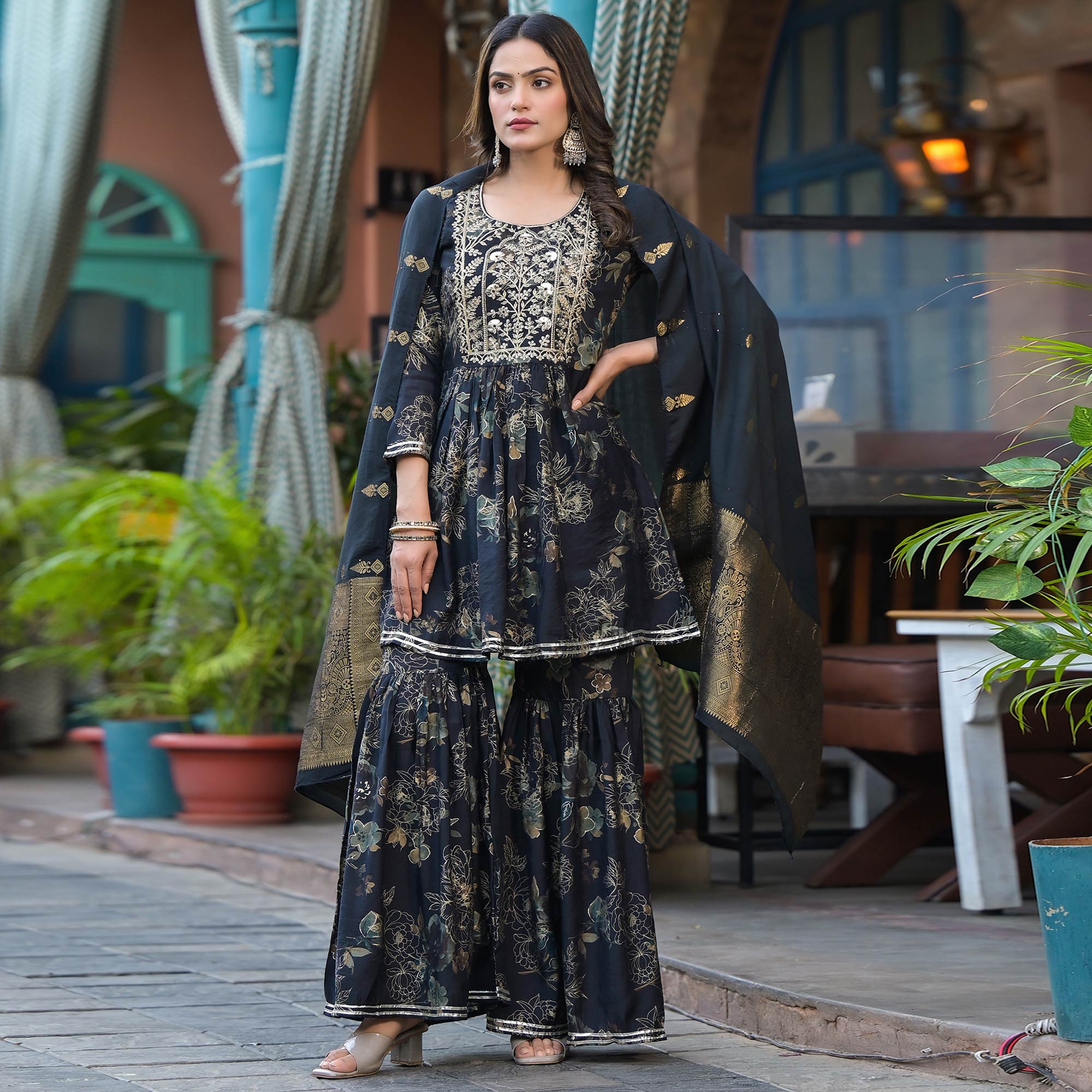 Black Floral Embroidered Chanderi Silk Sharara Suit