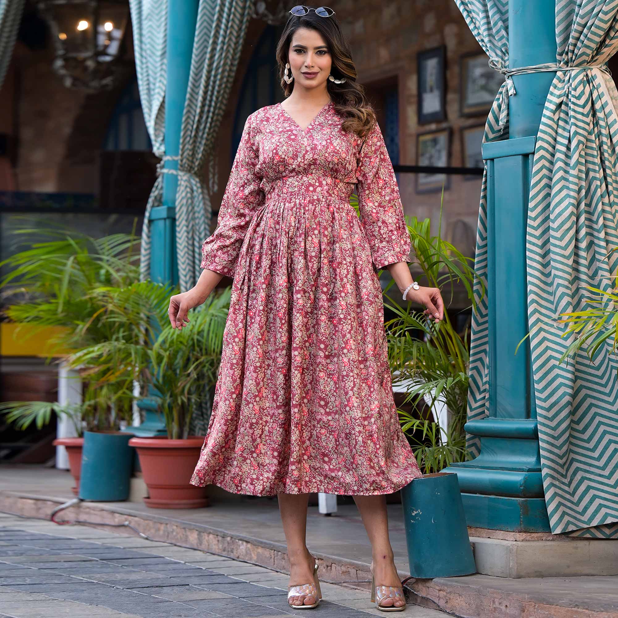 Burgundy Floral Printed Muslin A-line Dress