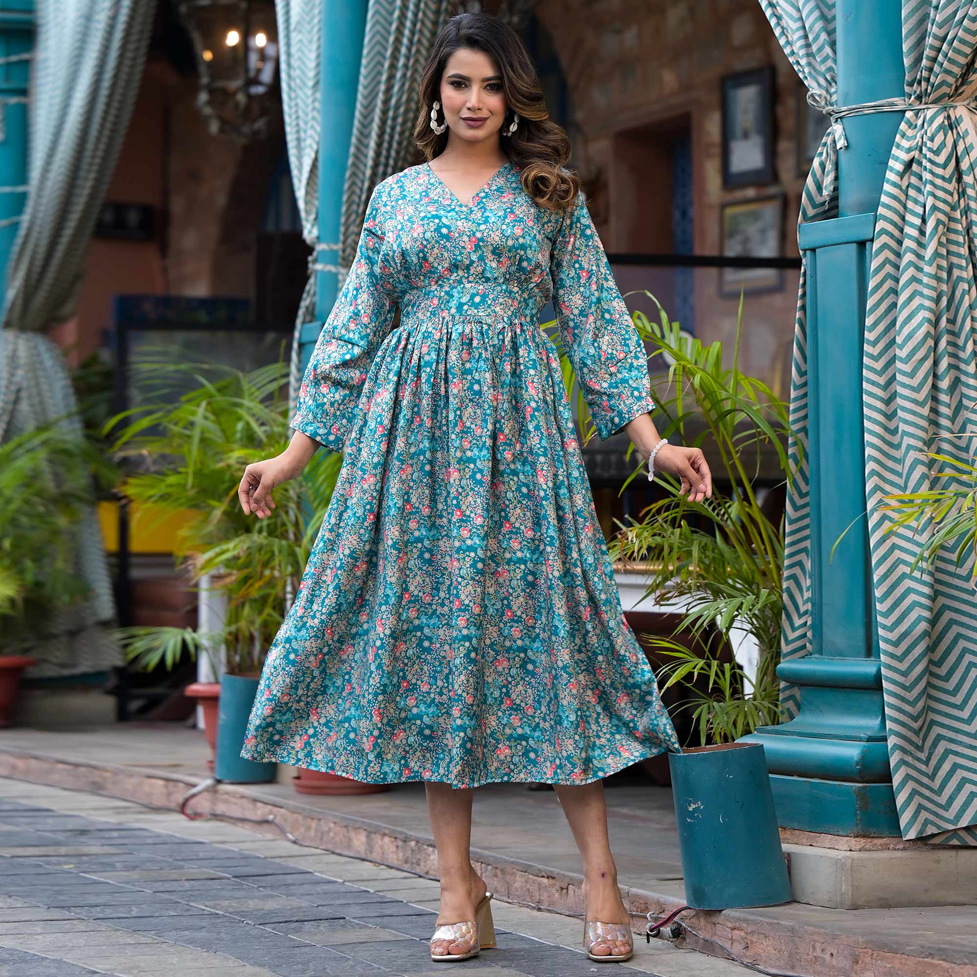 Turquoise Floral Printed Muslin A-line Dress