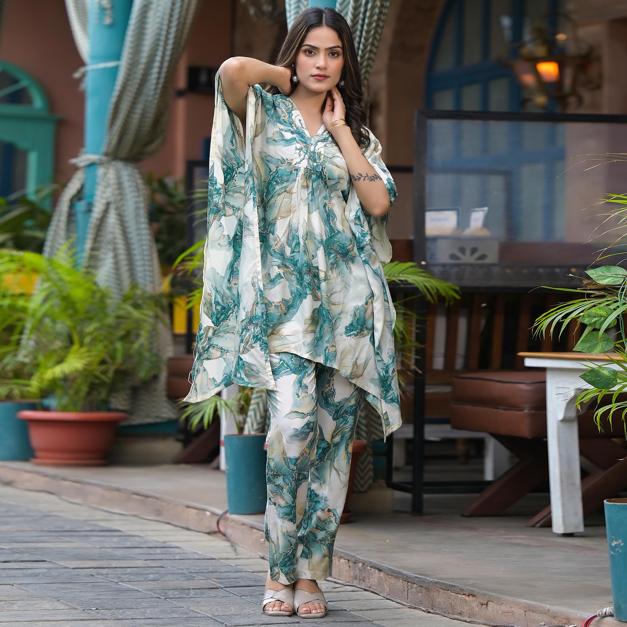 Green Foil Printed Rayon Kaftan Co-Ord Set