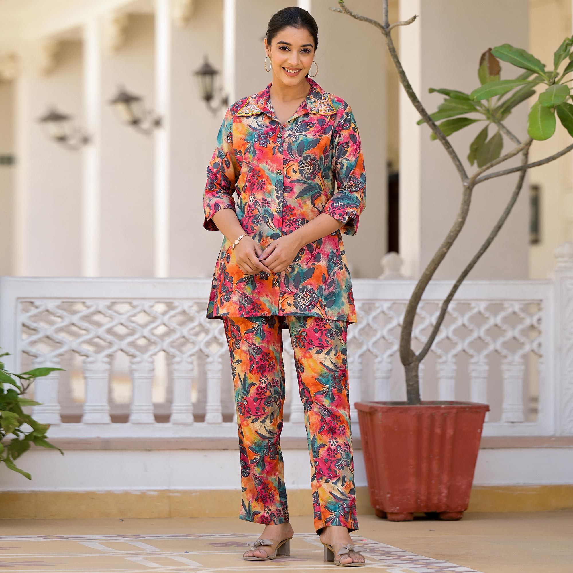 Pink Floral Foil Printed Chanderi Silk Co Ord Set