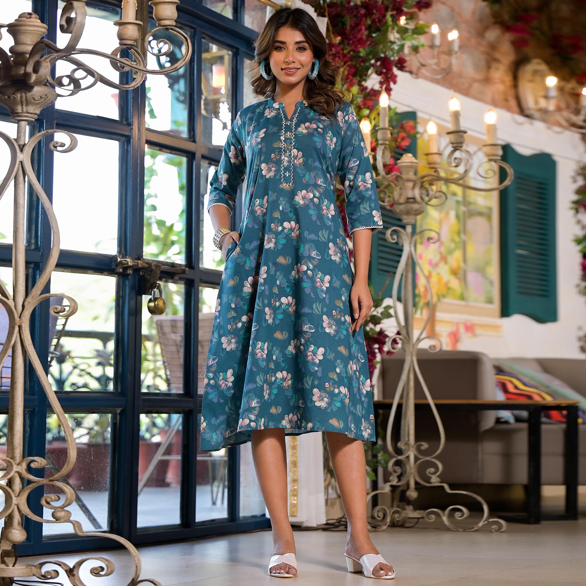 Turquoise Floral Foil Printed Giza Cotton A-Line Dress