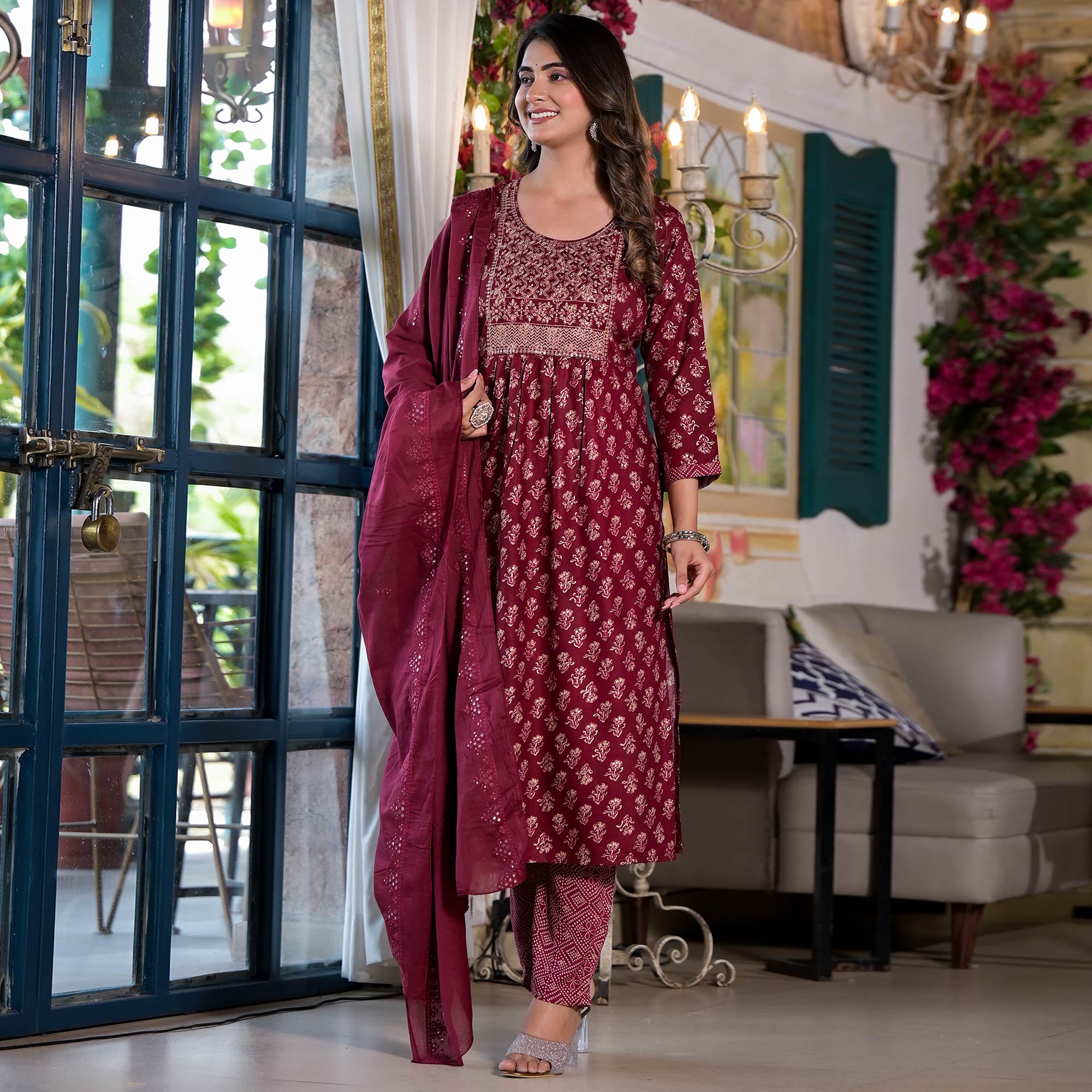 Maroon Floral Naira Cut Rayon Salwar Suit With Mirror Work