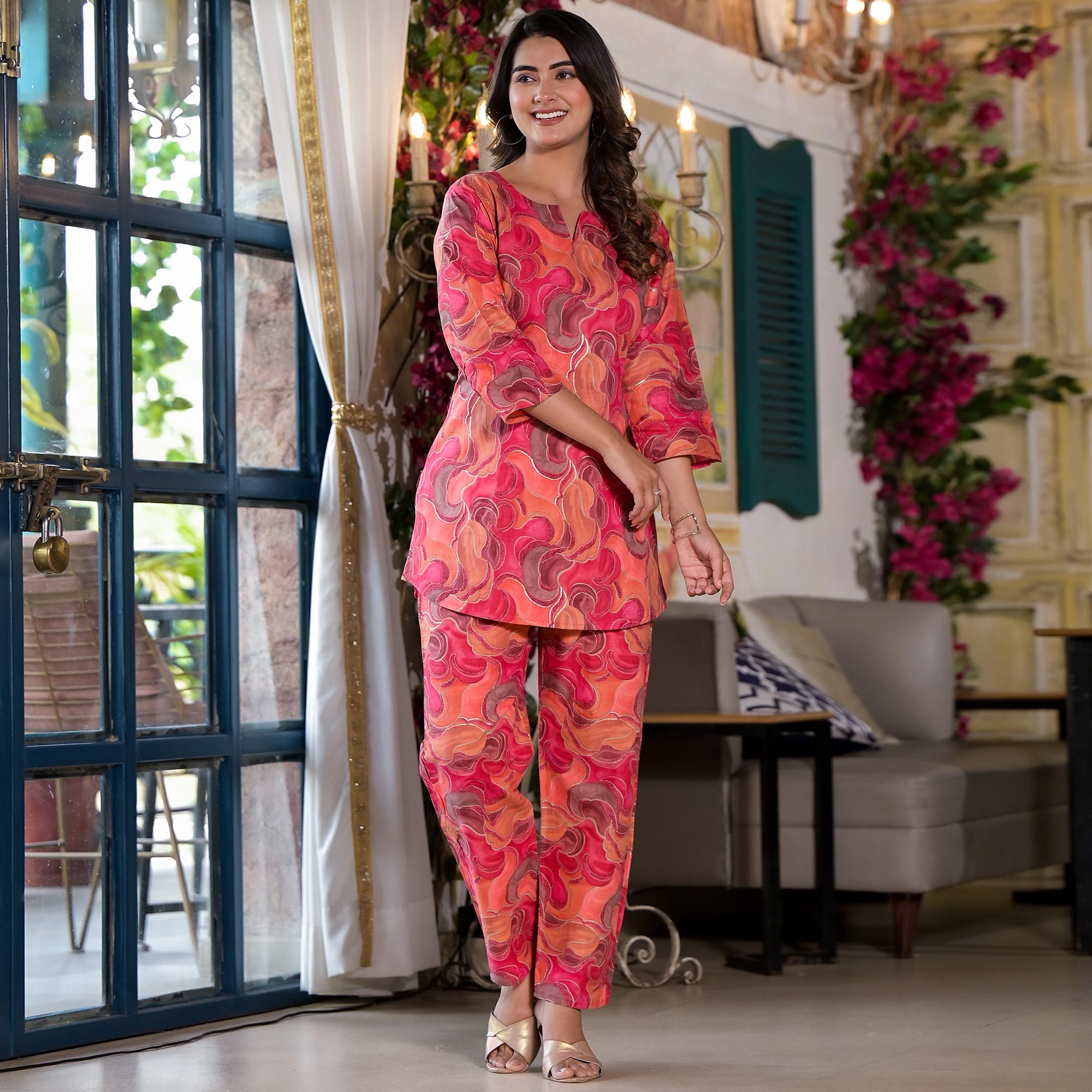 Peach Foil Printed Pure Cotton Co-Ord Set