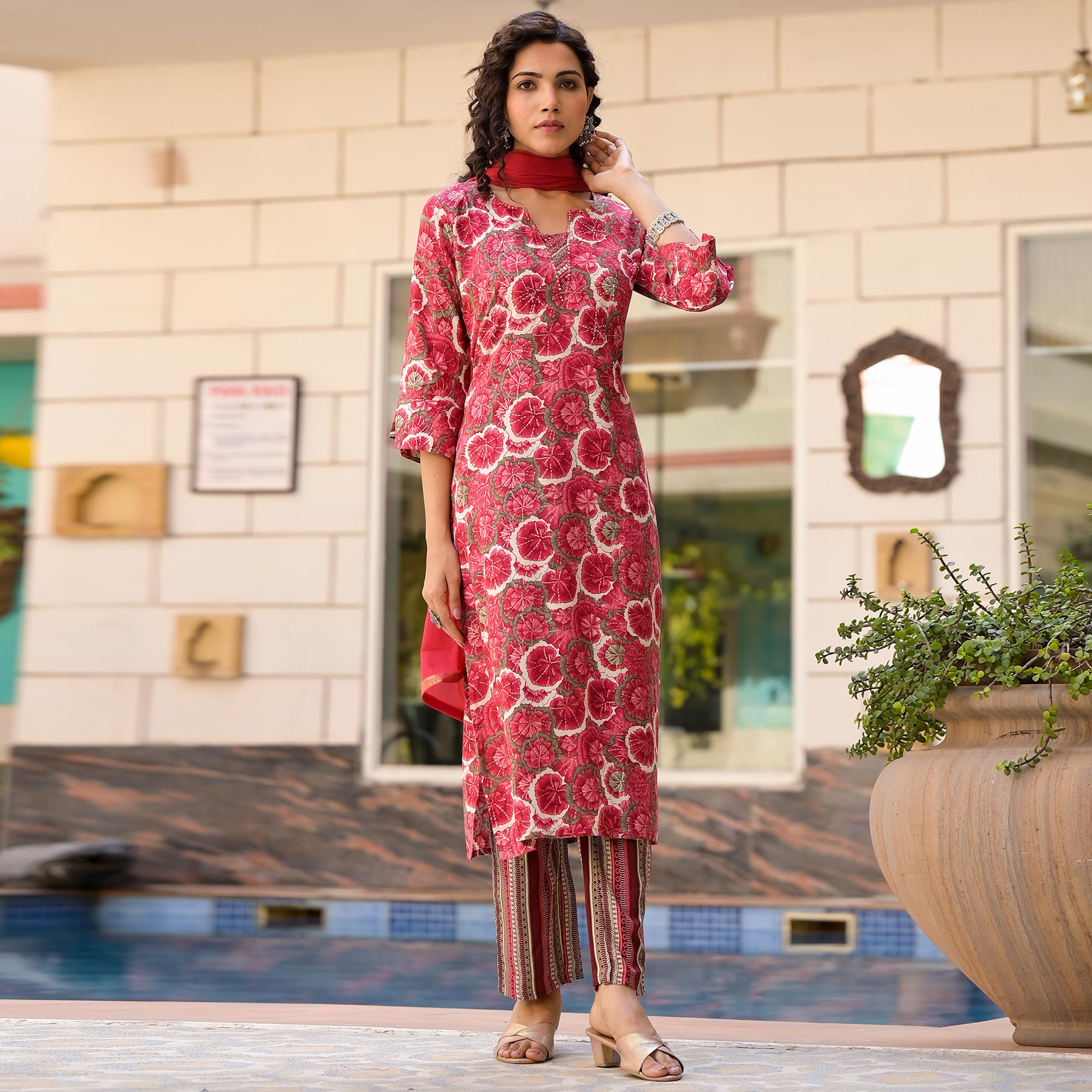 Red Floral Foil Printed Rayon Straight Salwar Suit