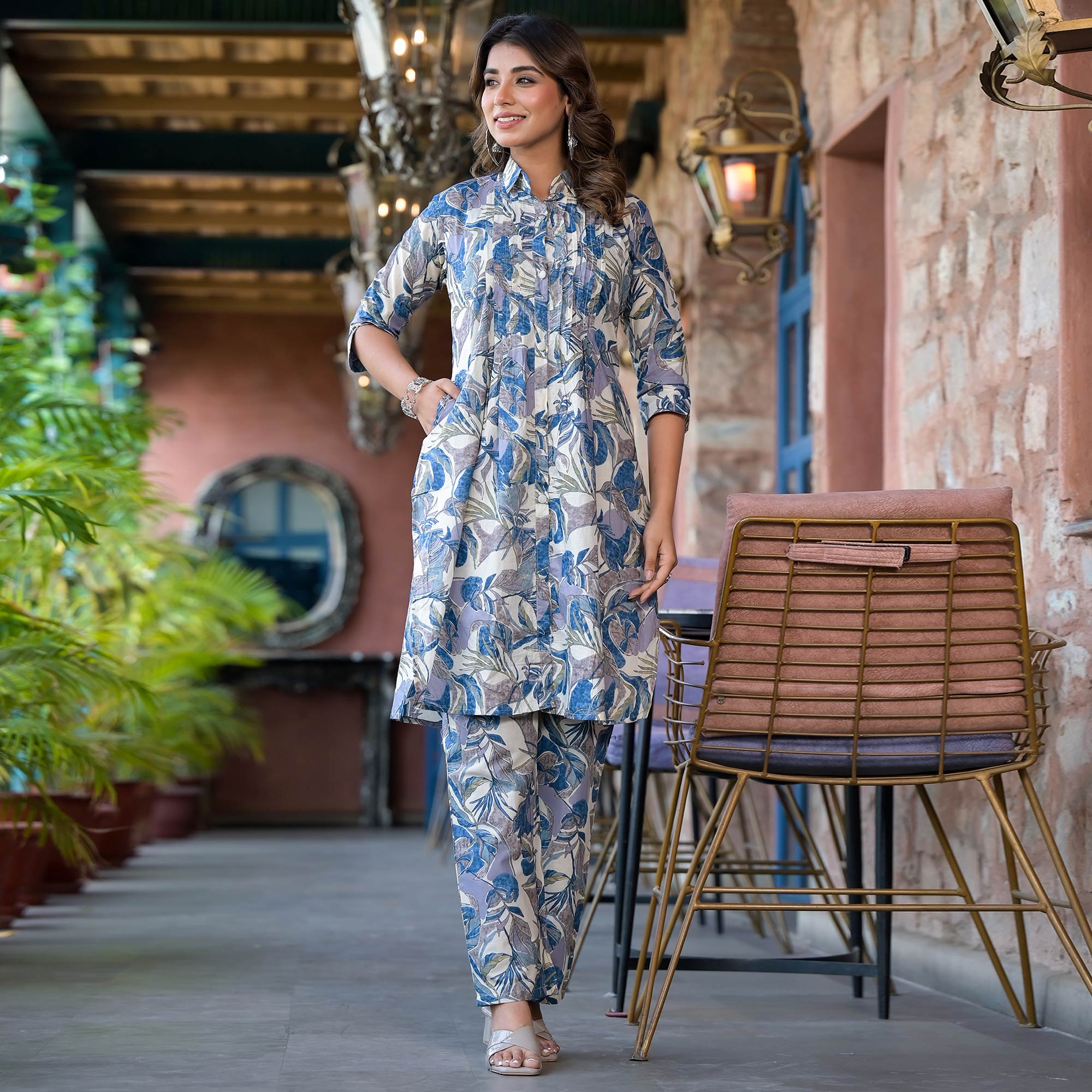 Blue Floral Printed Pure Cotton Co Ord Set
