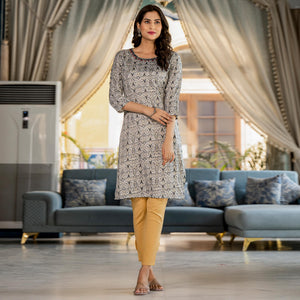 White & Black Printed Rayon Straight Kurti