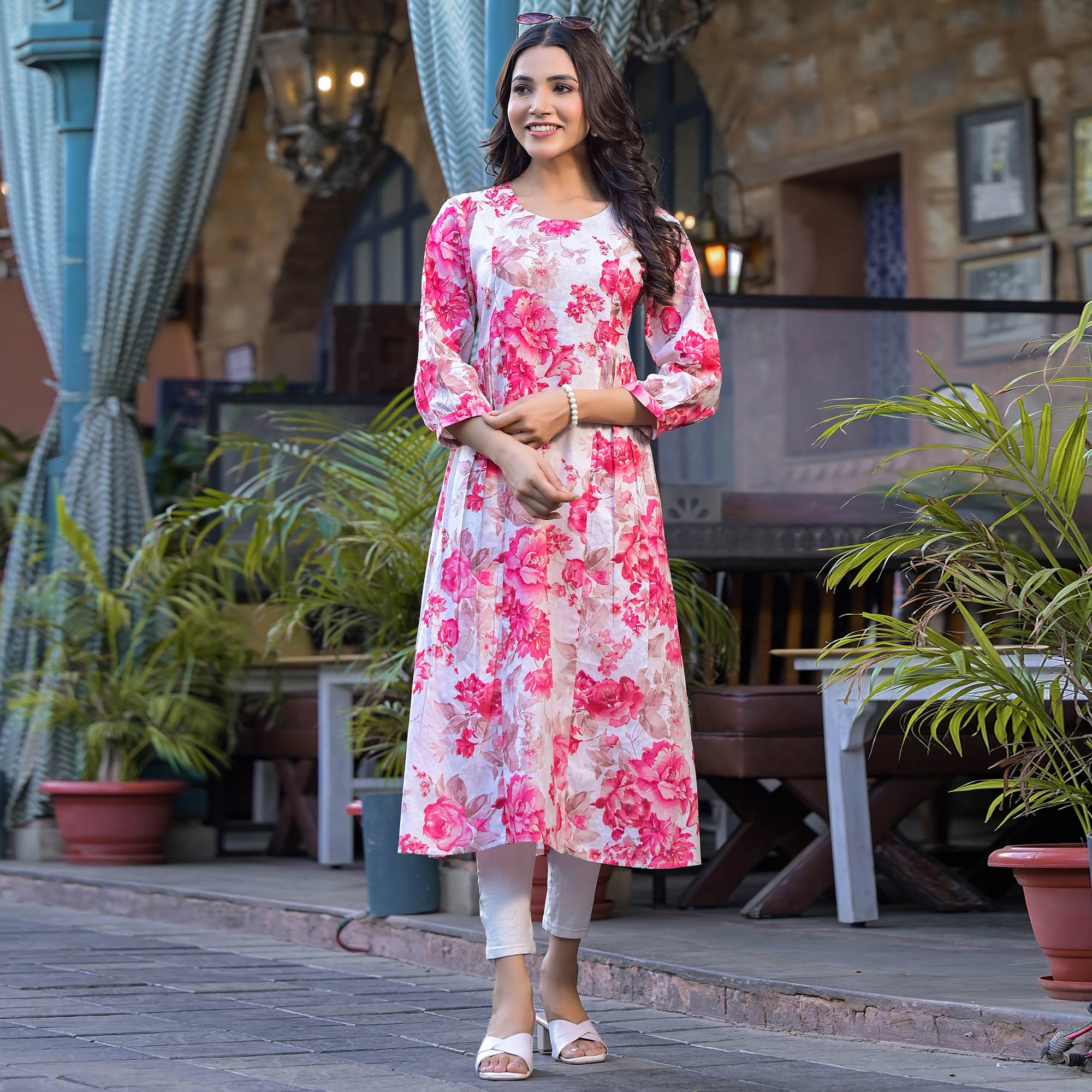 Pink Floral Printed With Beads Work Pure Cotton Maxi Dress
