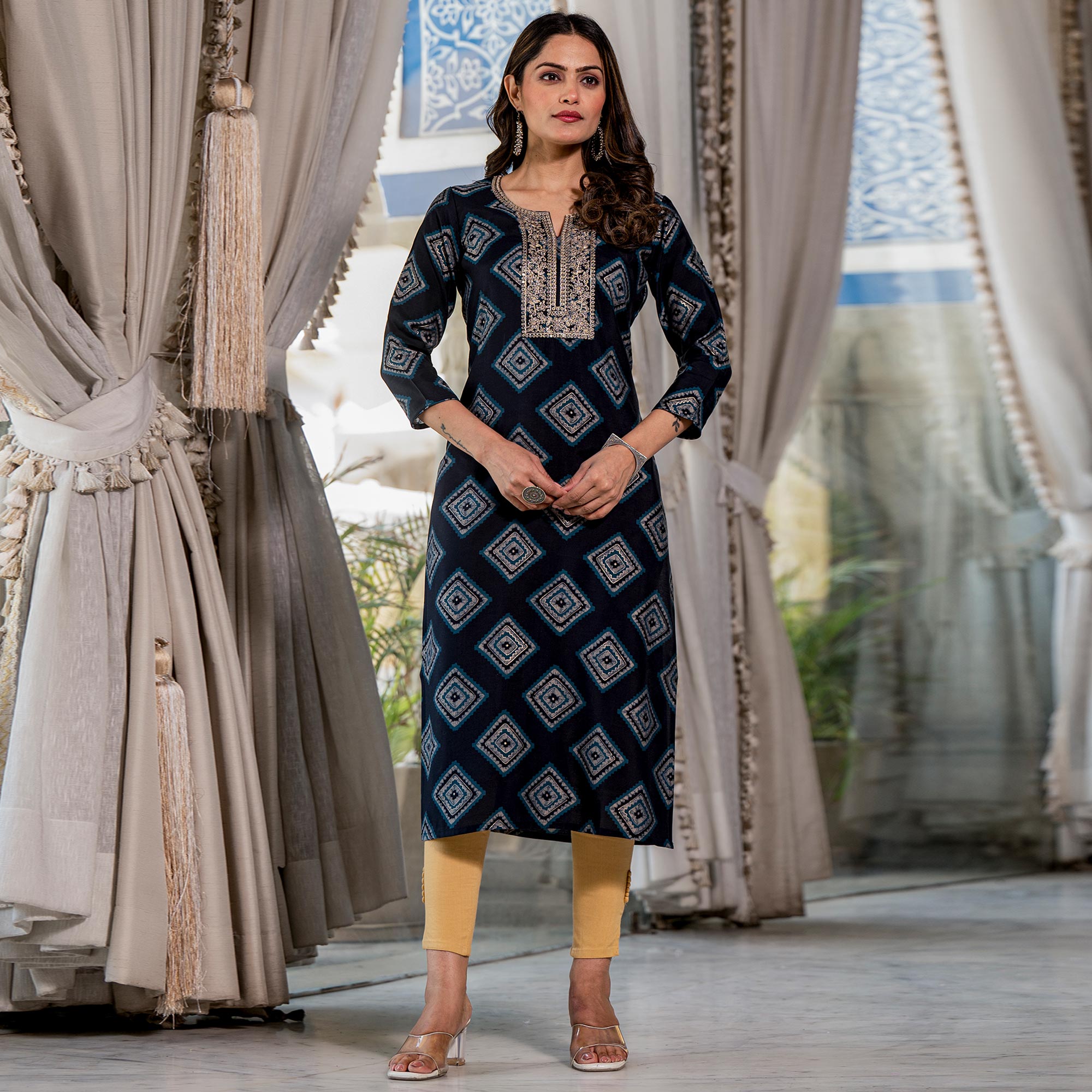 Navy Blue Foil Printed Chanderi Silk Kurti