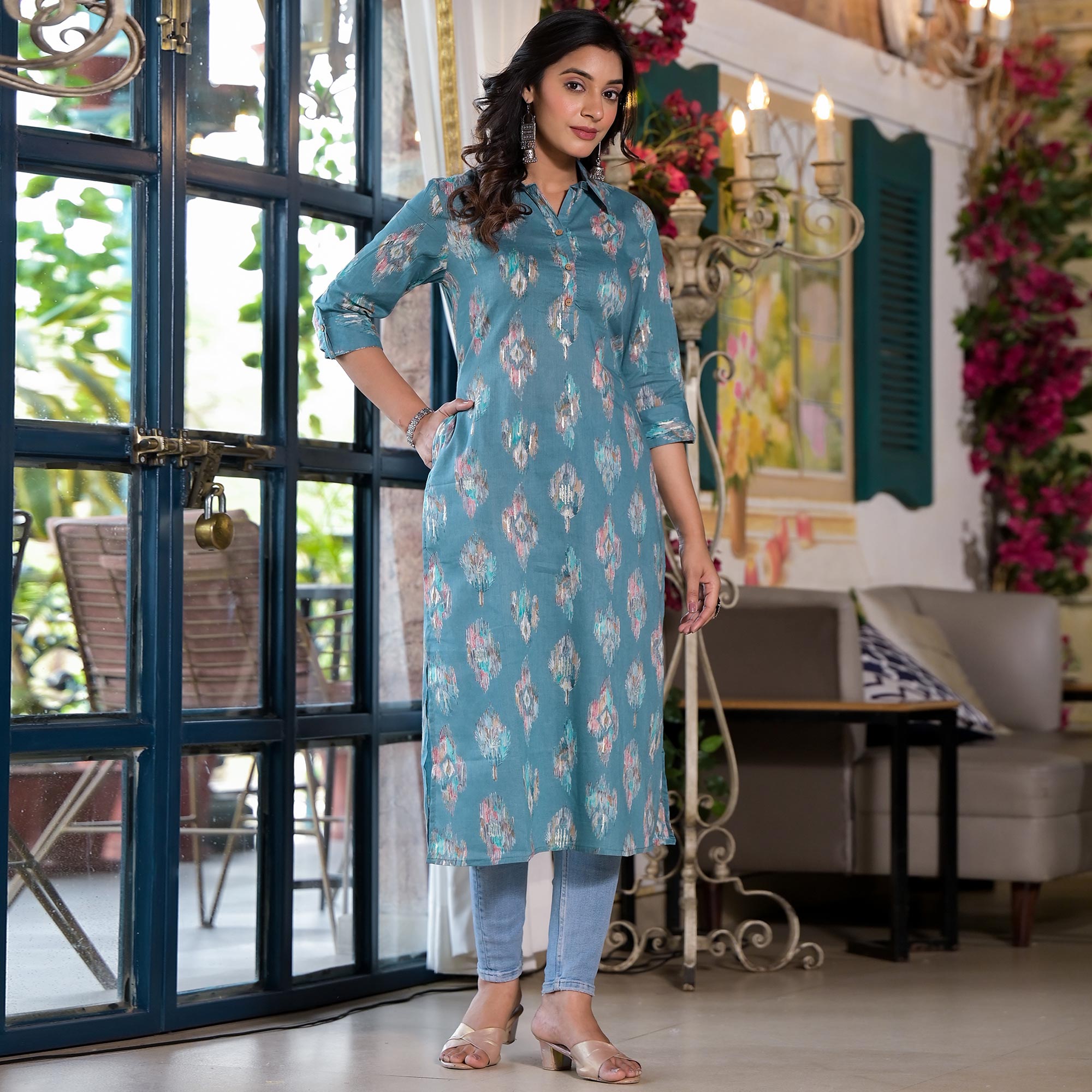 Dark Turquoise Ikkat Foil Printed Pure Cotton Straight Kurti