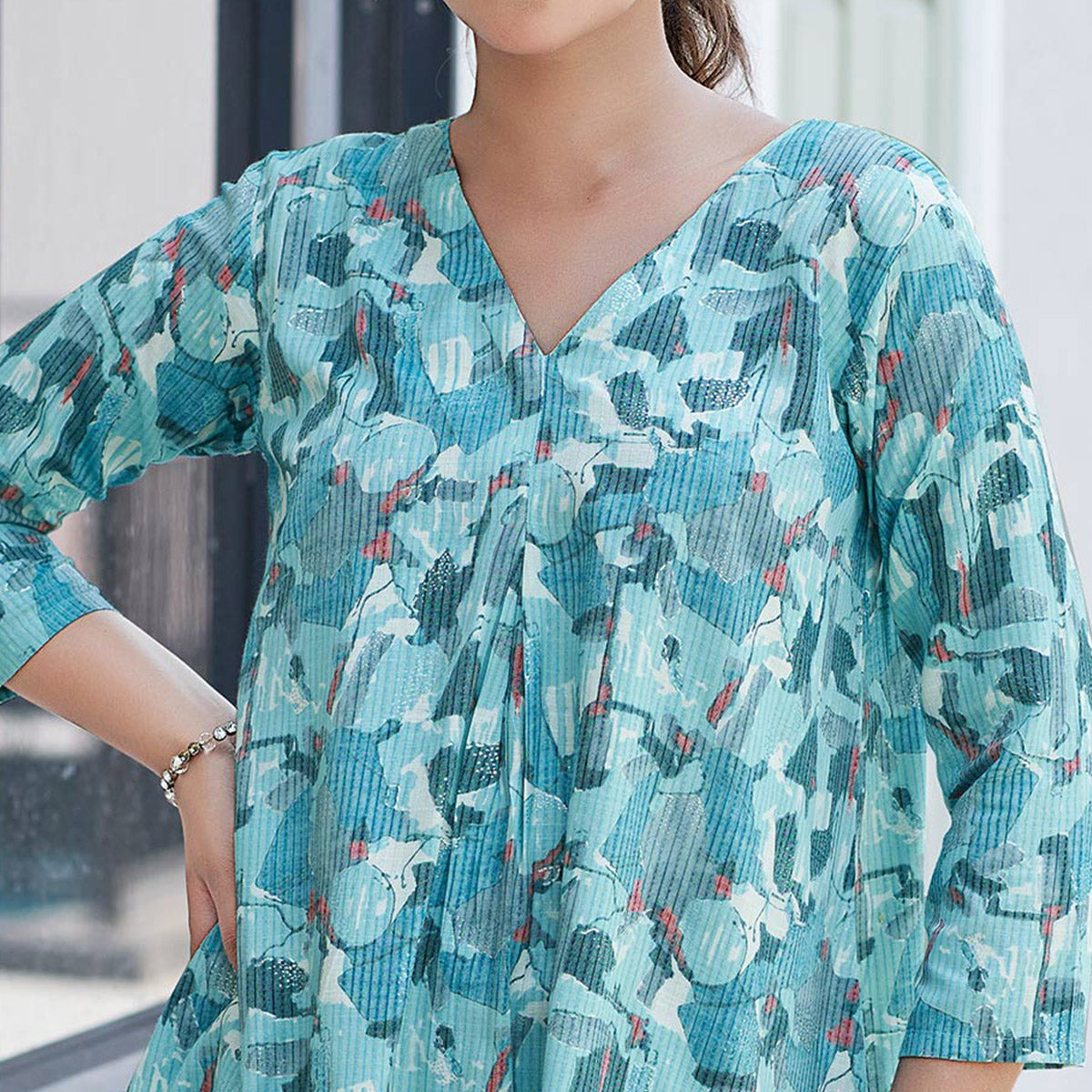 Light Blue Printed Rayon Top